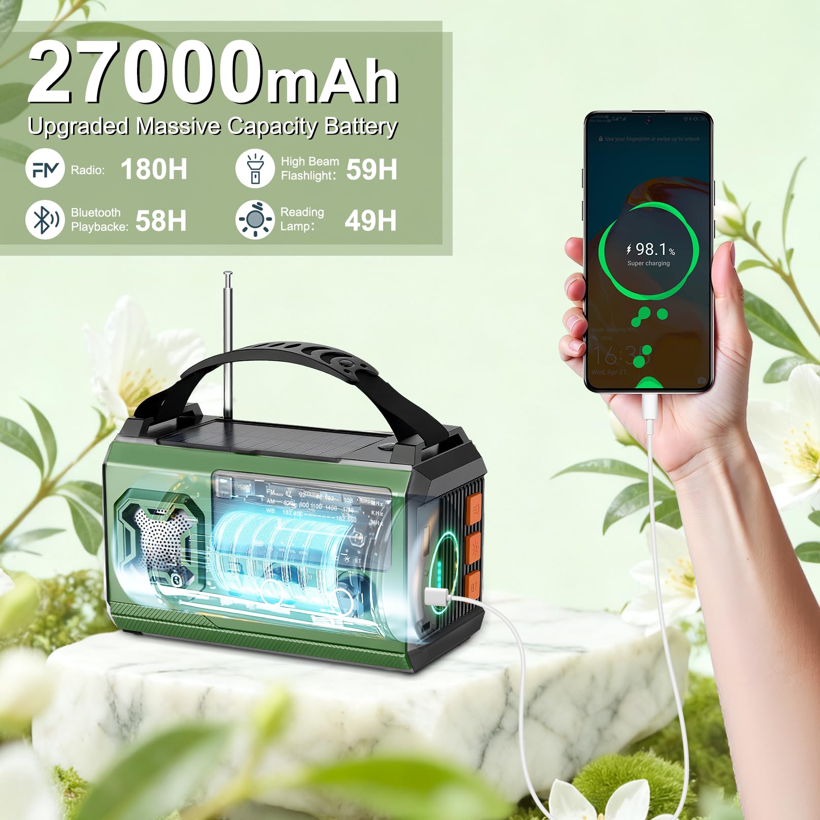 Radio Solar de Emergencia con Manivela, 27000mAh FM/Am Emergency Radio Portatil de Dinamo con Linterna LED, Luz de Lectura y SOS Alarma USB de Camping al Aire Libre (Verde Militar)