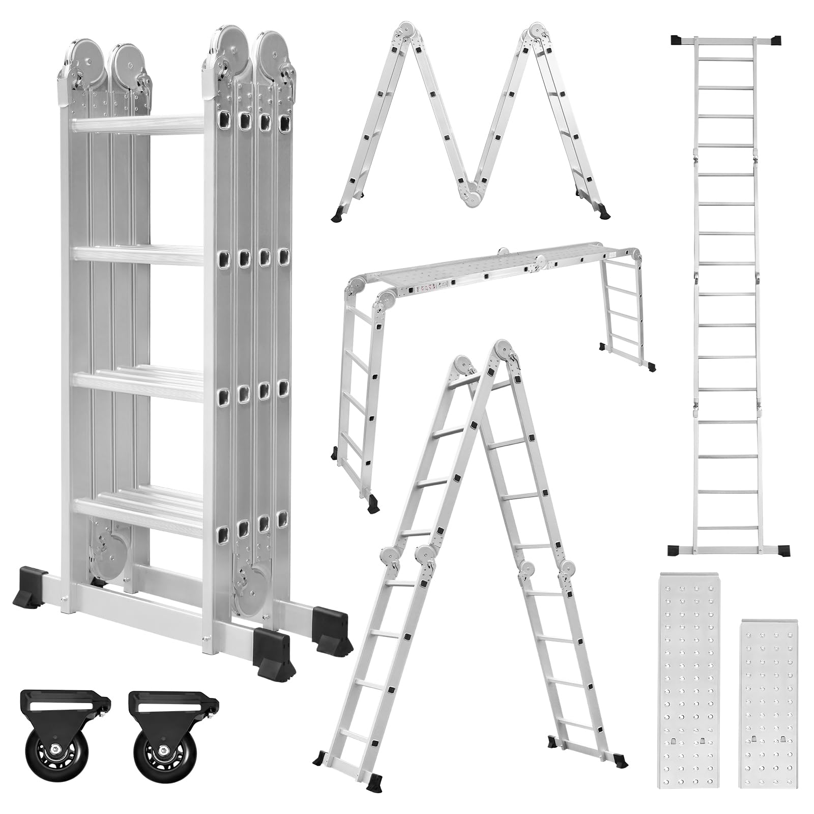 Aufun Escalera multiusos 7 en 1, con andamios y 2 barras de suelo, 16 peldaños, 4,7 m de longitud total, hasta 150 kg
