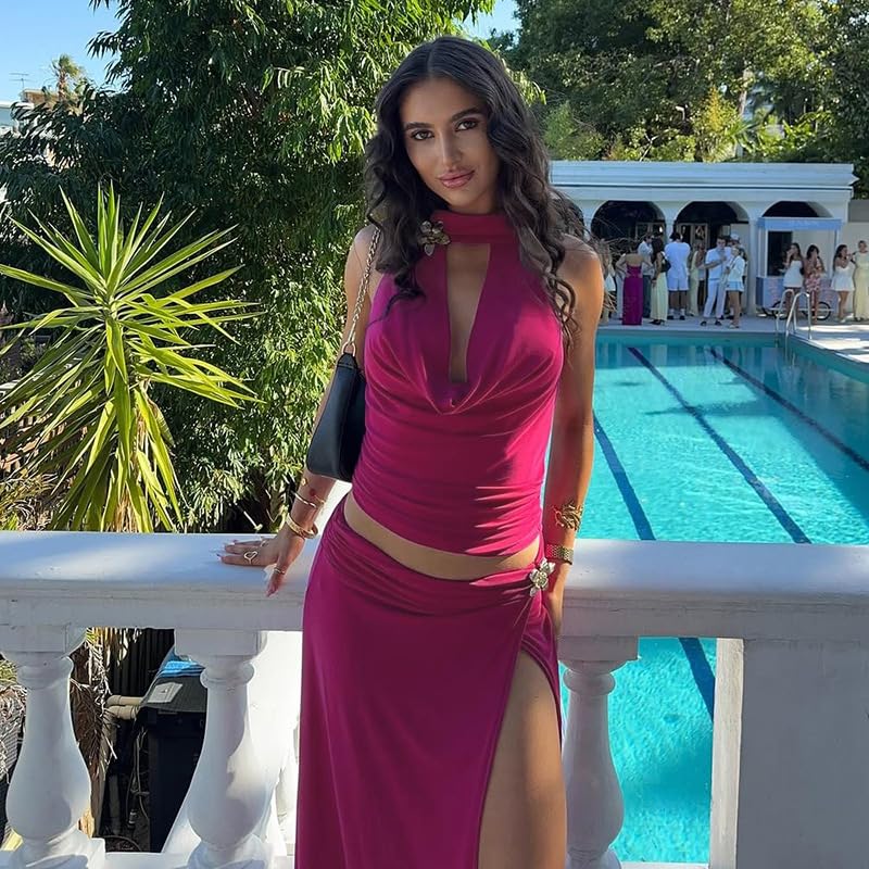 Womens Sexy Skirt Outfits Backless Halter Crop Top Slit Maxi Skirt Summer Beach Vacation Sets4