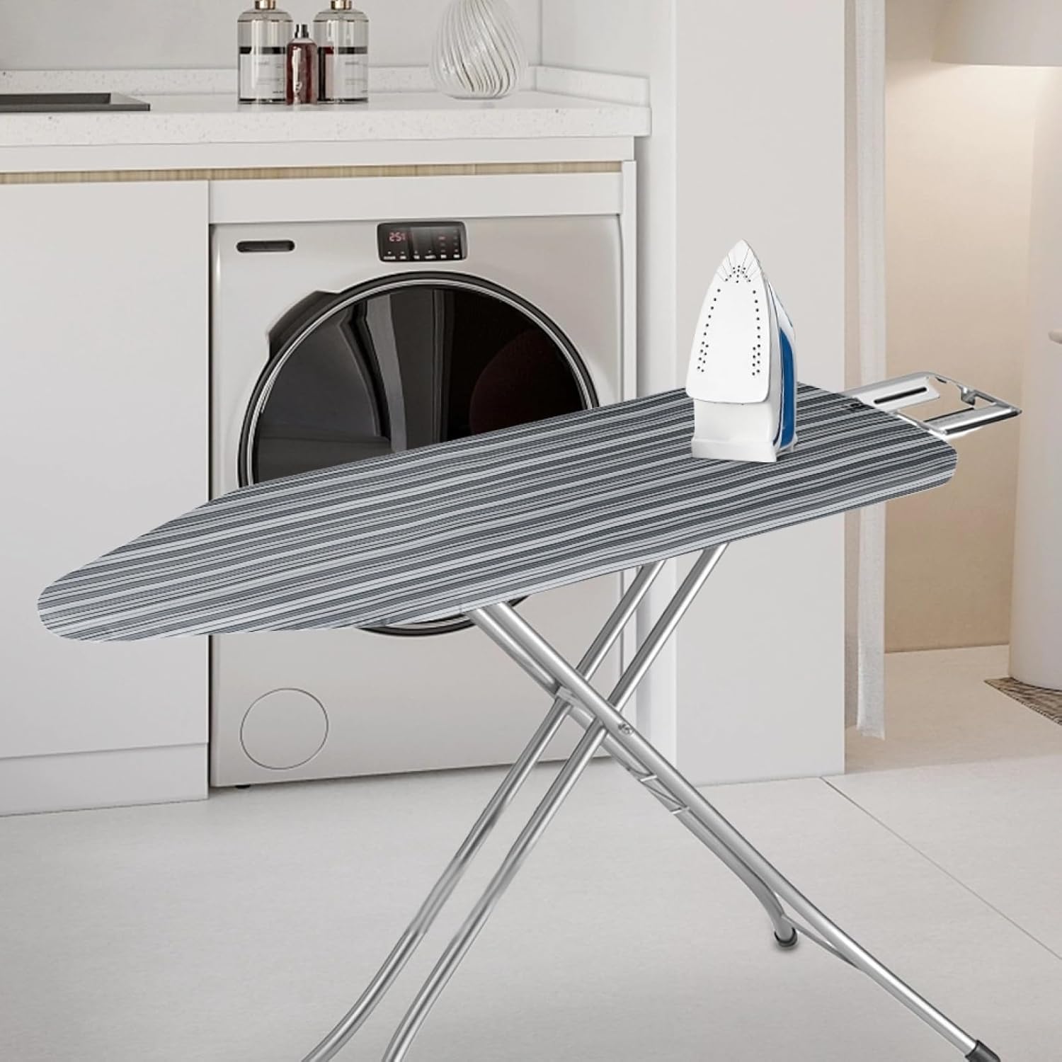 Ironing Board Cover 14x48 Stripes Gray White Iron Board Cover with Padding Heat Reflective,Scorch Resistant Thick Padding,Snug Fit Non-Slip Nose Pocket Fastener Straps Elastic Edges