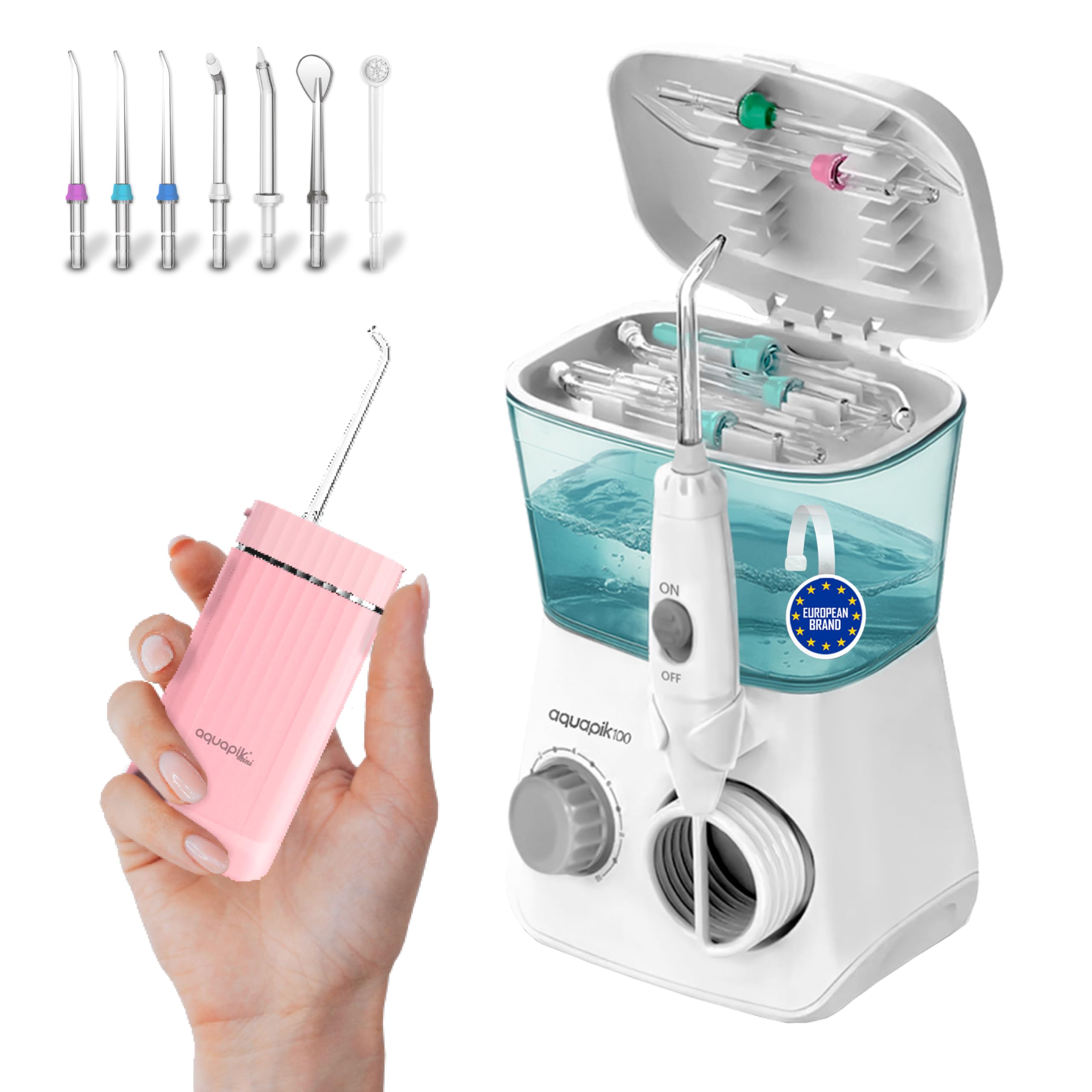Pack de Irrigadores Dentales Aquapik: sobremesa + Mini Portátil | Recomendado por dentistas + Elimina la Placa + Cuida tus Implantes y Ortodoncia |Higiene Bucal Profunda (B. Blanco-Rosa)