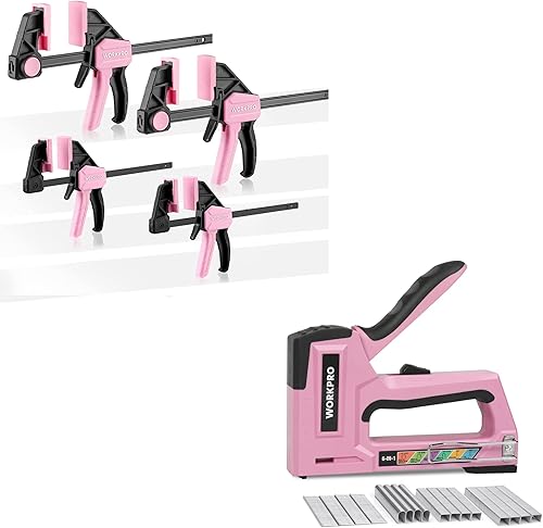 WORKPRO Juego de 4 abrazaderas de mini barra de pistola de grapas rosa y WORKPRO