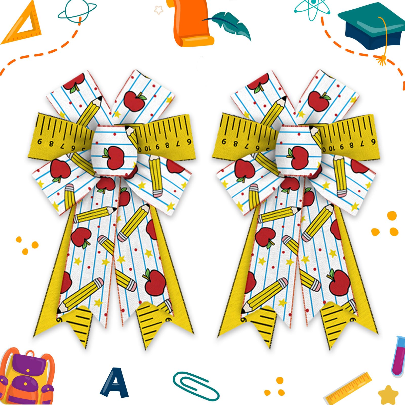 Estivaux 2 Pieces Back to School Bows for Wreath, Preschool Wreath Bows White Yellow Burlap Bow Pencil Apples Craft Bows for Front Door Kindergarten Classroom Decorations Supplies
