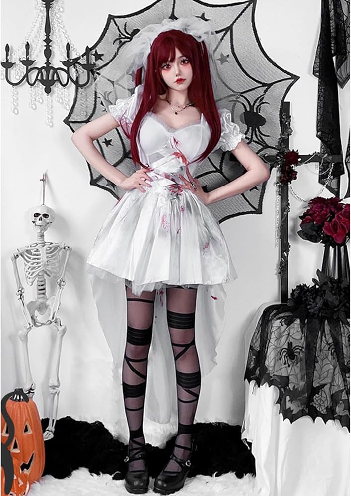 血の跡がある白いドレス ハロウィン　ロリータ 上質で快適 ハロウィン ロリータ 著 血の跡がある白いドレス