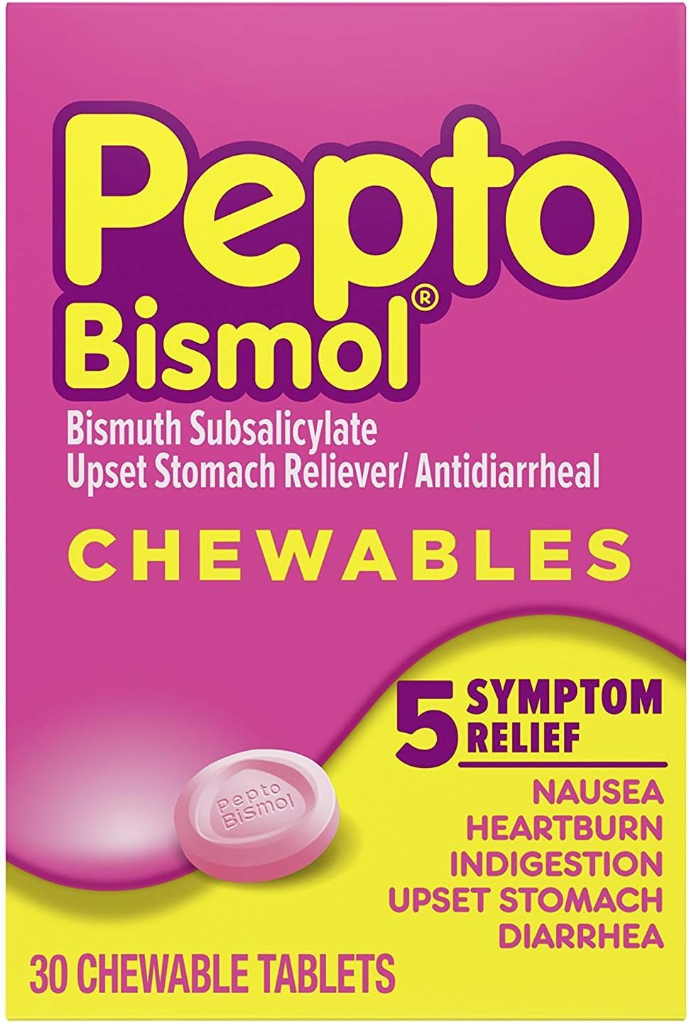 Pepto Bismol Upset Stomach Indigestion Nausea Heartburn and Diarrhea Relief Medicine 30 Chewable Tablets (Pack of 4) (Packaging May Vary) (OLD)