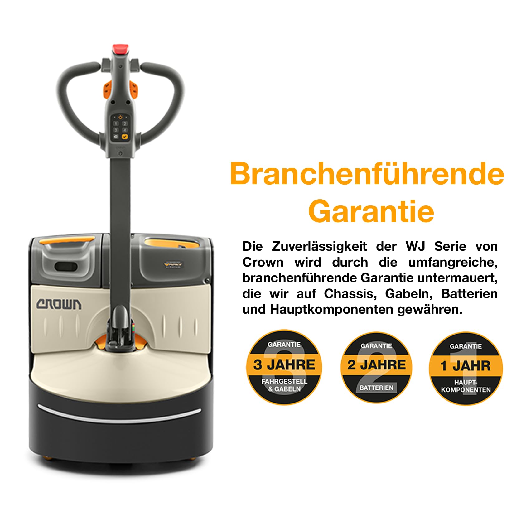 Crown WJ 50 Series Elektro-Hubwagen | Tragfähigkeit 1200 kg | V-Force Lithium-Ionen-Batterien 48 V / 9,8-24,5 Ah | Kurze Ladezeit | Single-Polyurethanrollen | 1150 mm Gabellänge