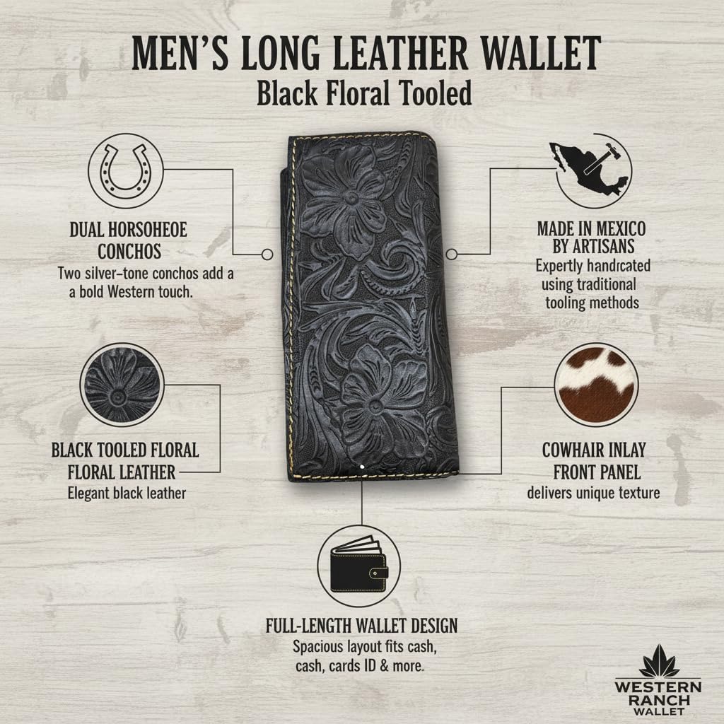Men’s Western Long Leather Wallet - Black Floral Tooled Rodeo Billfold with Cowhair Inlay & Silver Horseshoe Conchos - Handcrafted Made in Mexico - Image 3