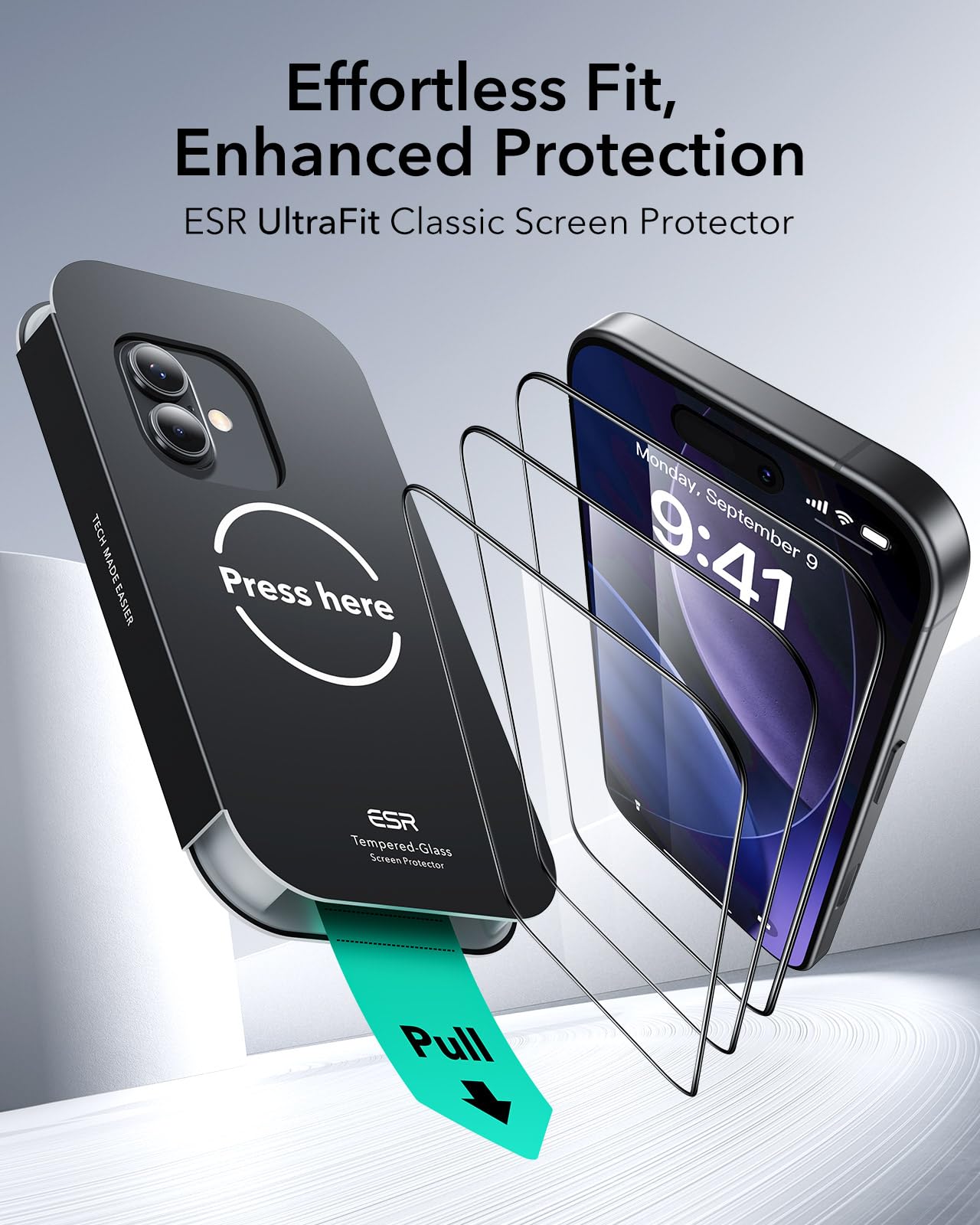 ESR Pellicola Vetro Temperato per iPhone 17/iPhone 16 Pro, Grado militare, Infrangibili, Durezza 9H, Vetro temperato a copertura totale con supporto UltraFit, 3 Pezzi