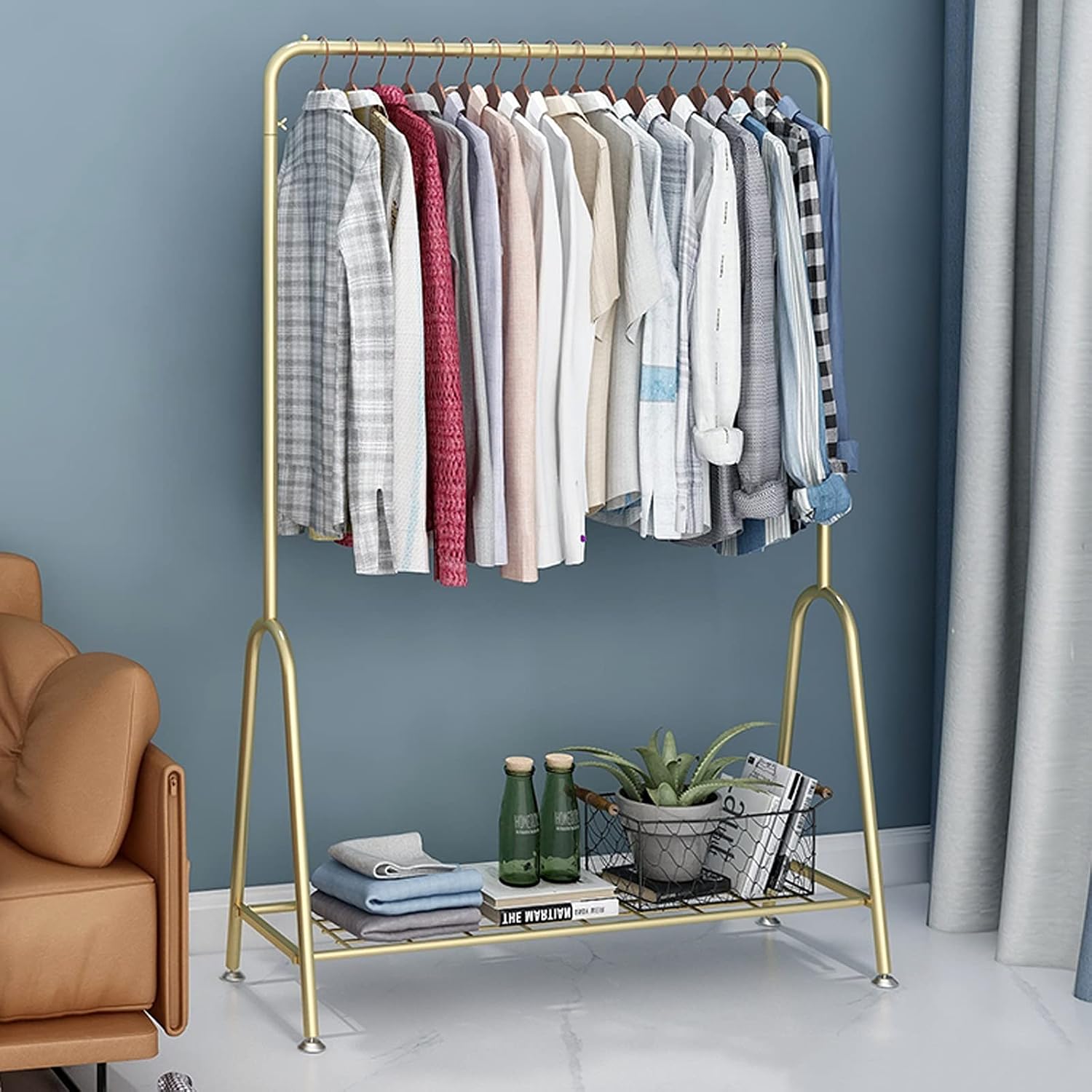 Modern Clothes Rail with Bottom Storage Shelf, 25mm Thicken Clothes Rack Garment Display Stand with Adjustable Lifting Feet (Gold-120cm image 3