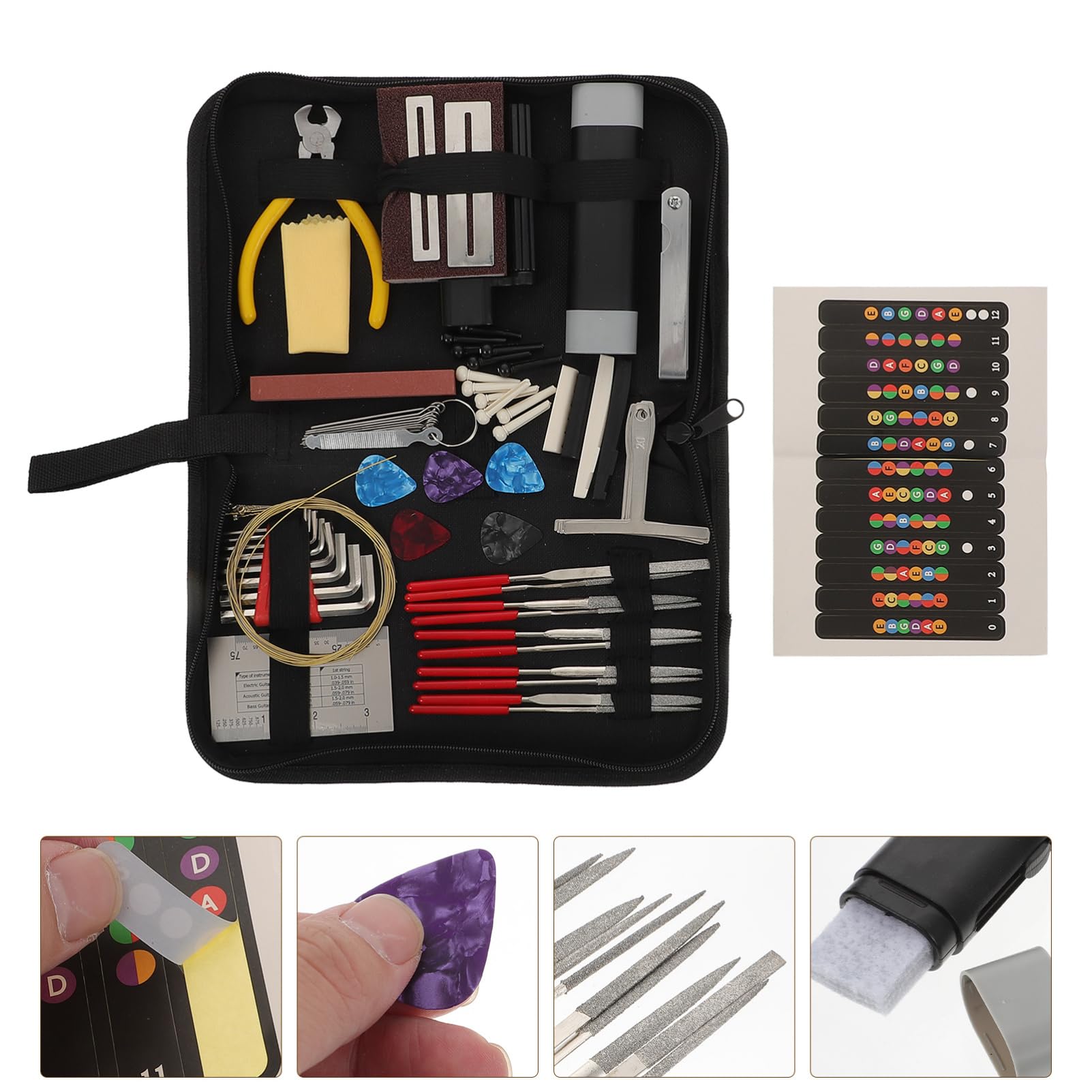 Kit de Reparación de Guitarra 72 Piezas para Mantenimiento | Abs y Acero Inoxidable, Paño de Algodón Incluido, Bolsa de Almacenamiento, Formato Portátil Color Aleatorio