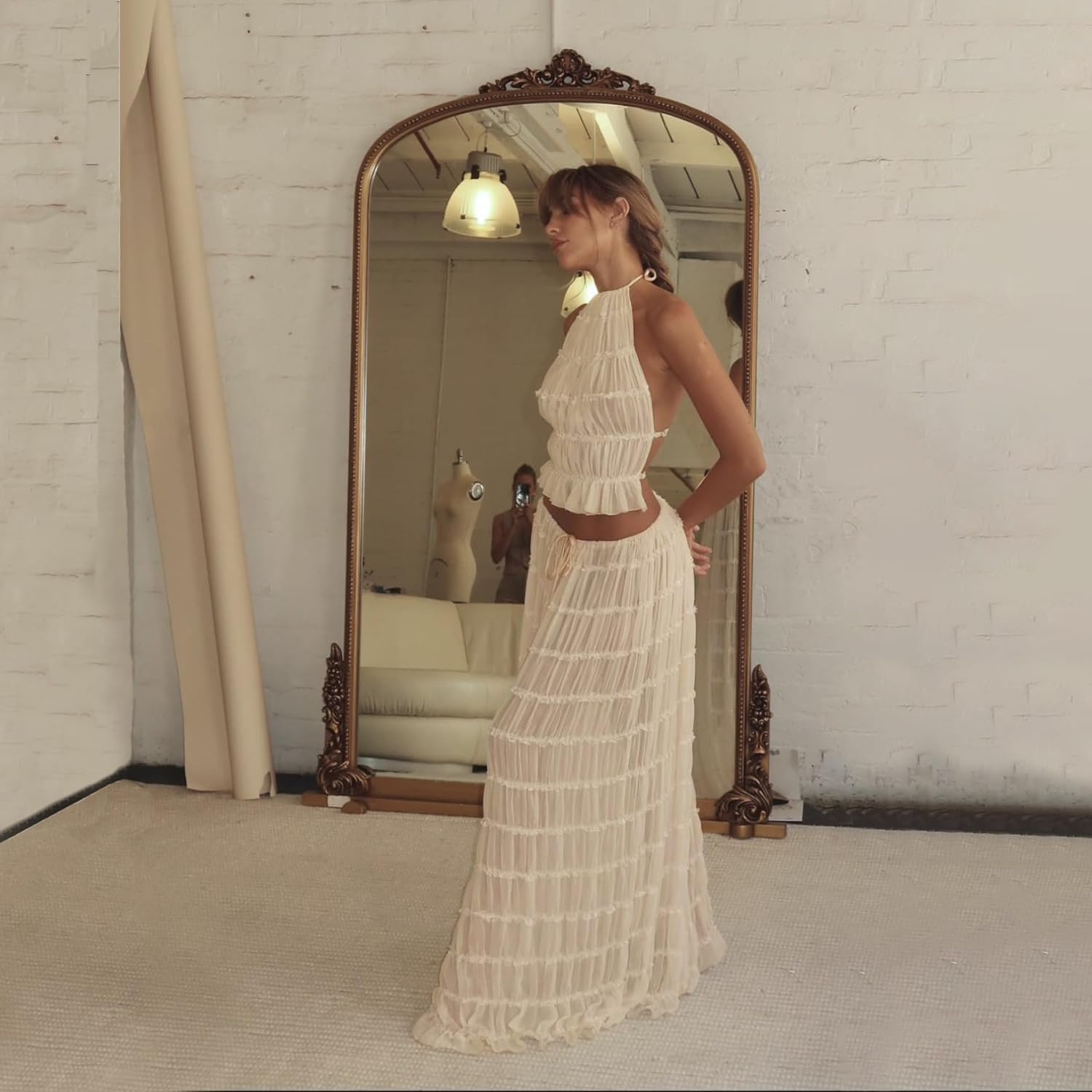 Argeousgor 2 Piece Maxi Skirt Set for Women Lace Up Back Tank Tops Tie Up High Waist Long Skirt Set - Image 4