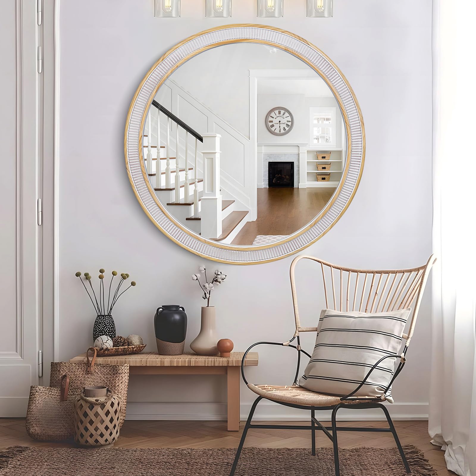 Round Wood Mirrors for Wall Decor, 30 Inch Rustic Farmhouse Circle Decorative Mirror for Bathroom, Living Room, Foyer, Entryway, Bedroom