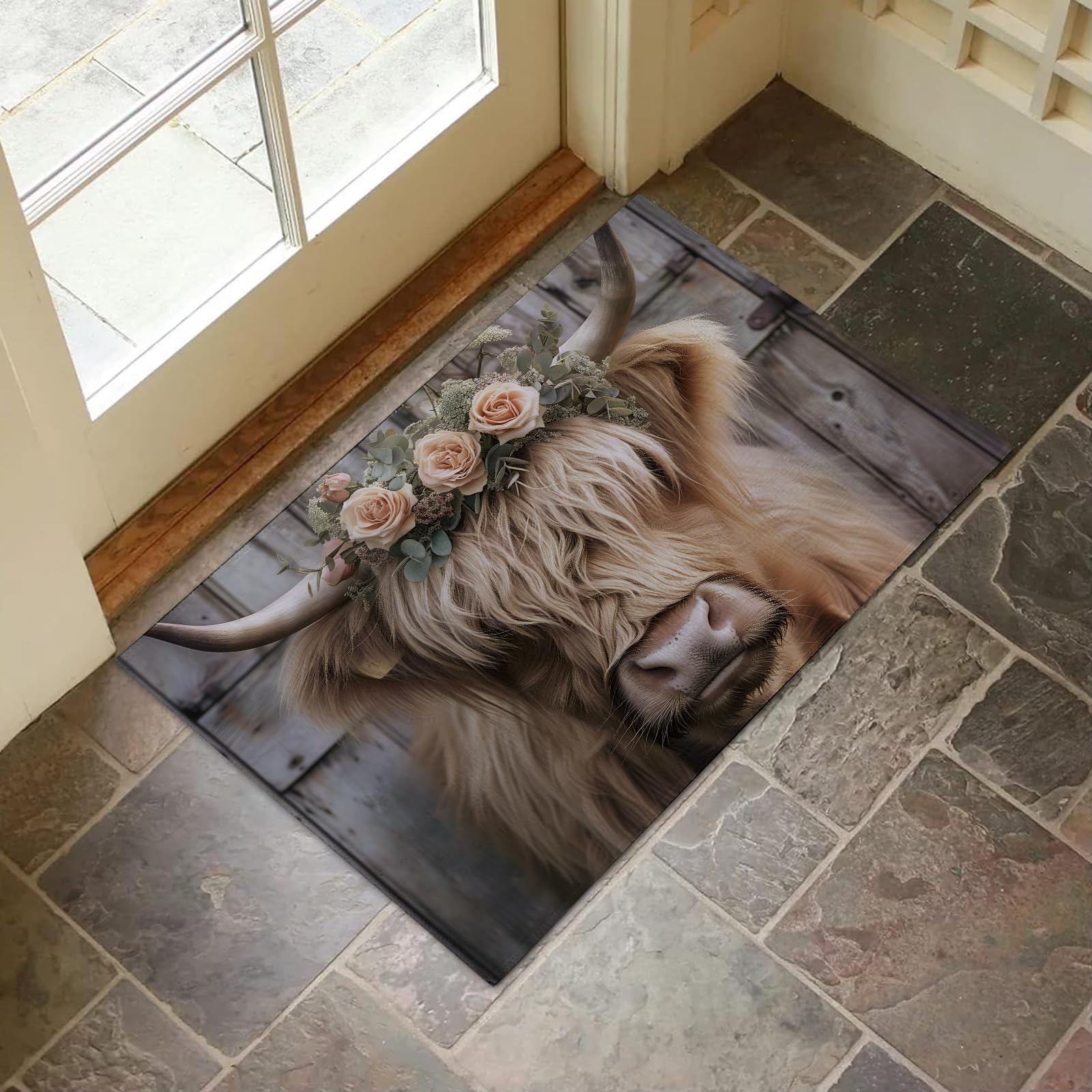 VANZEV Highland Cow Floral Crown Indoor Door Mat for Entryway, 17x29.5 Inch, Rustic Farmhouse Floor Doormat for Home Decor, Non-Slip Rug Mat for