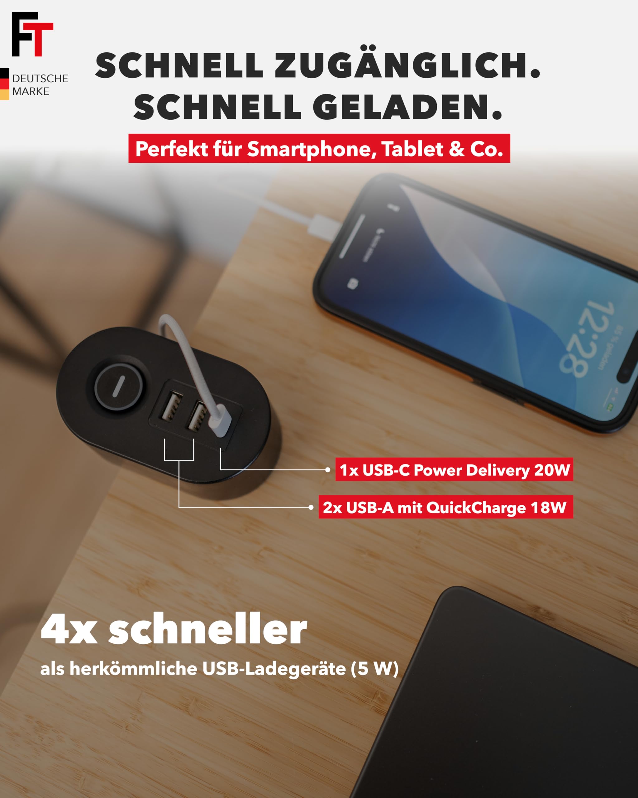 FeinTech MD833 Tischsteckdose klemmbar 3 Fach Steckdose mit 2X USB und 1x USB-C PD (20W), Steckdosenleiste Schreibtisch mit Schalter, 3m Kabel, schwarz