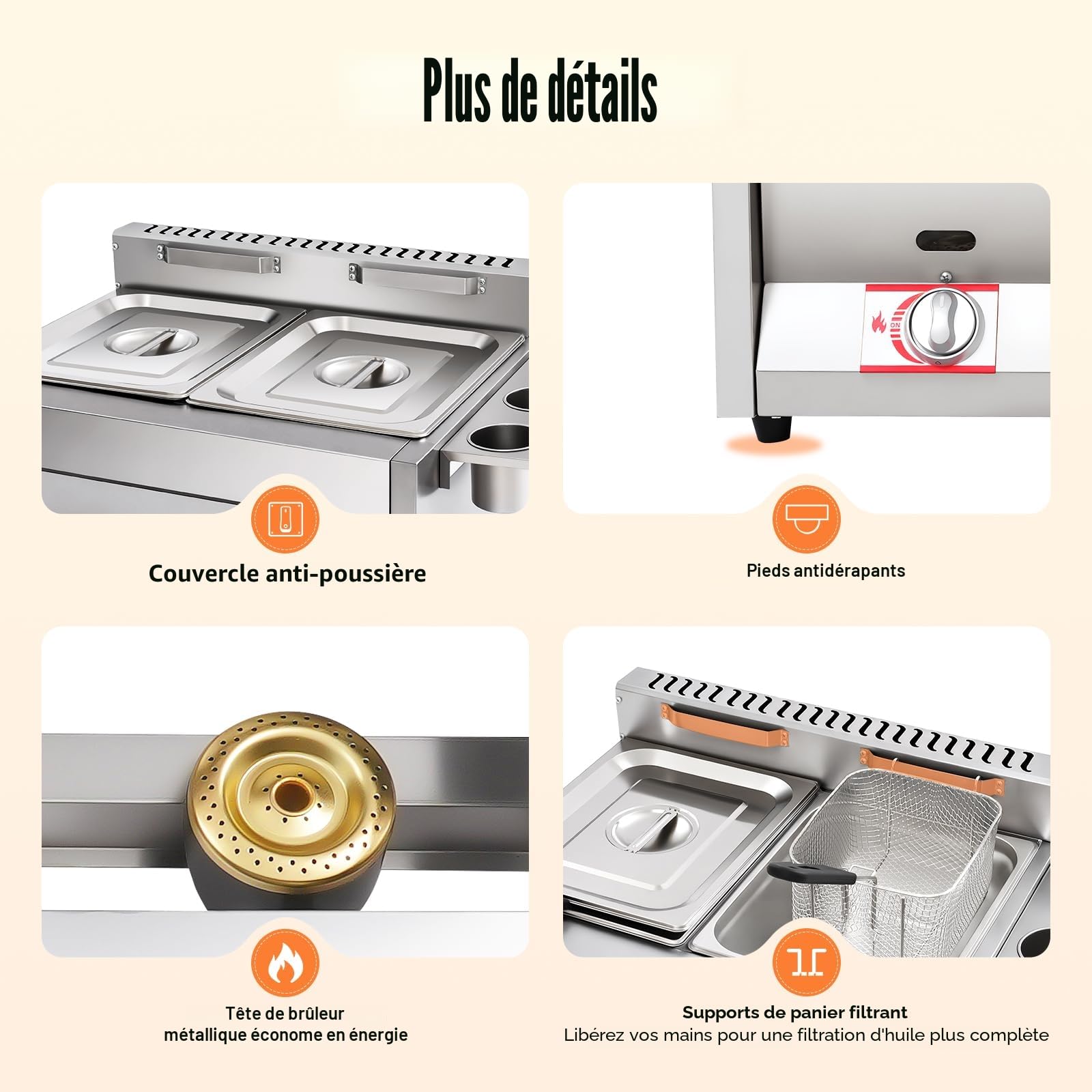 Double Friteuse à gaz avec 2 paniers, Friteuse au propane en acier inoxydable, Plage de température 50-380 °C, Friteuse à gaz avec 3 verres à épices pour les ménages, restaurants, stands de
