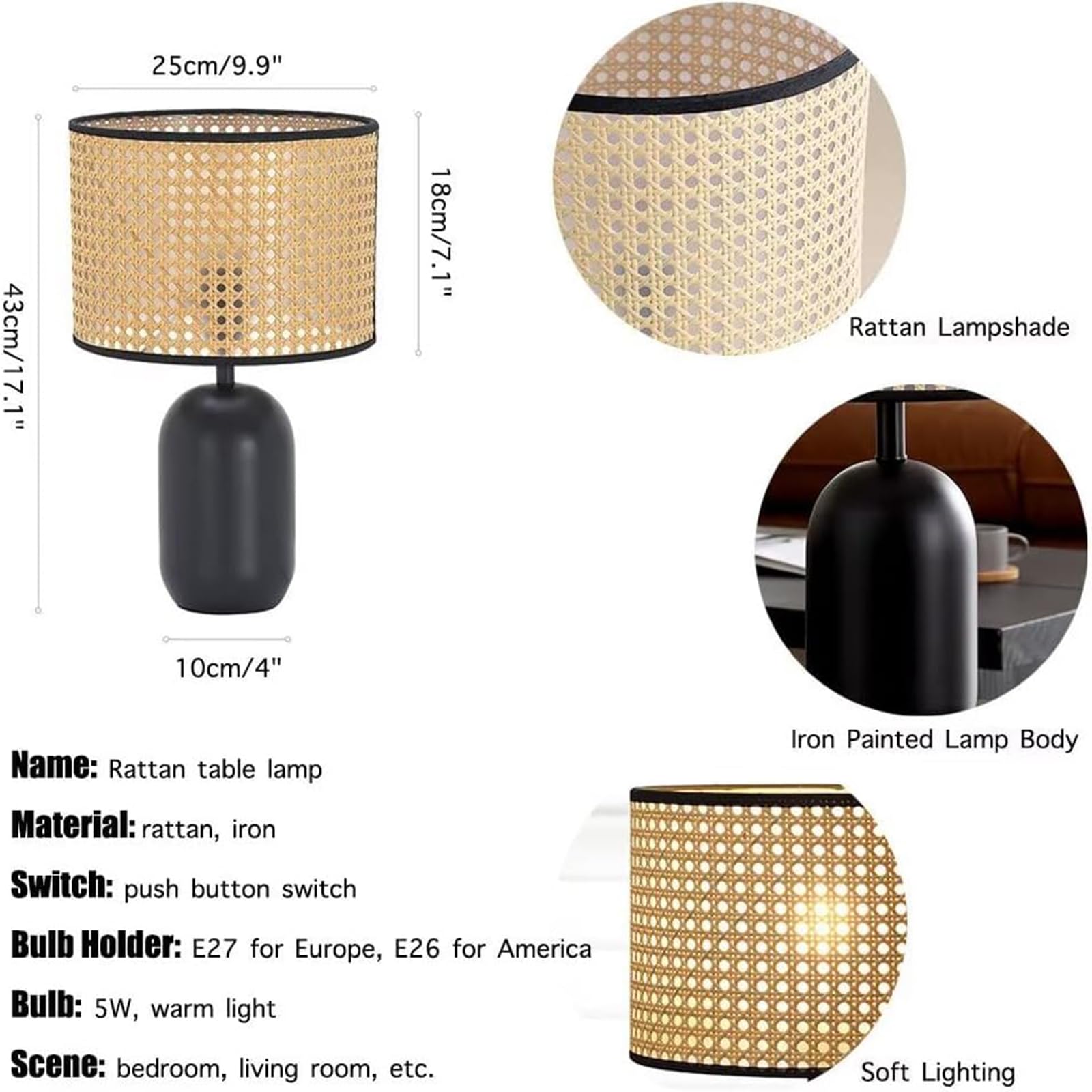 Minimalistyczna Lampa Stołowa, Lampka Nocna Z Rattanu Bohe, Do Sypialni I Salonu, Matowa Czarna Metalowa Podstawa, Nowoczesna Beżowa Lampa Biurkowa, W Zestawie żarówka LED 9 W Z ściemniania