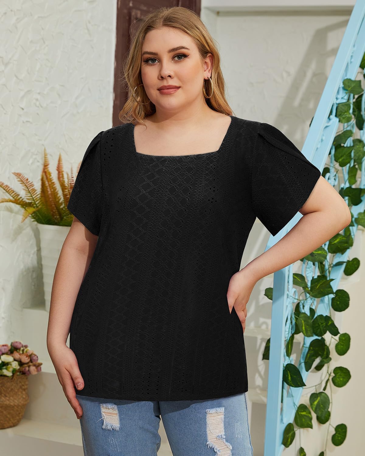 Siddhe Plus Size Tops for Women Petal Short Sleeve Square Neck Shirts Casual Trendy Blouses 2026 Spring Fashion XL-5XL - Image 3