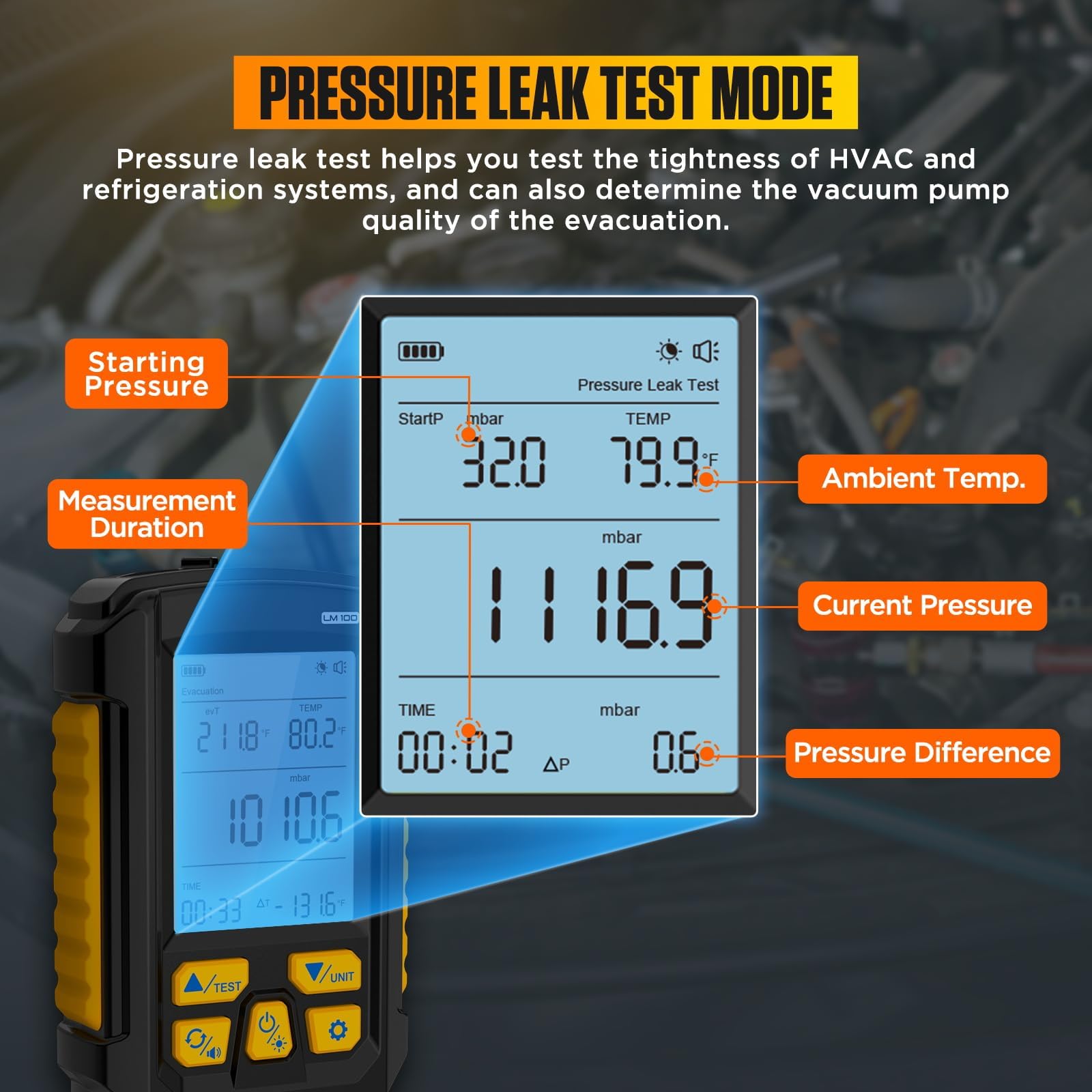Medidor de vacío digital inteligente LM100, HVAC de 0 a 2000 mbar, resolución de 0,1 mbar, precisión de ±0,2% Medidor de vacío Compensación de temperatura Medidores HVAC con 4 unidades (Torr, inHg, m