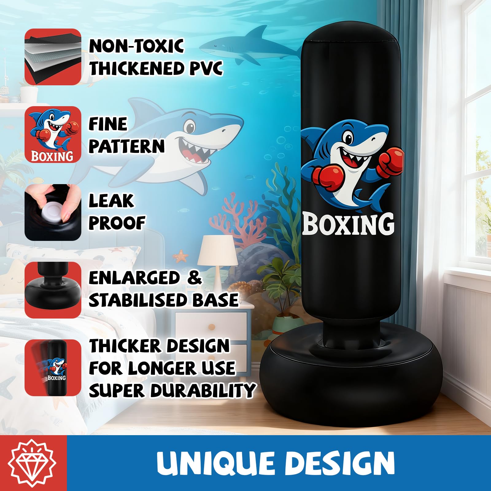 Qoosea Sacco da Boxe per Bambini 3-8 Anni, 130cm Stabile Sacco da Boxe Gonfiabile con Guanti da Boxe, Pratica di Taekwondo Karate Attrezzatura da Allenamento MMA, Regalo per Ragazzi Ragazze