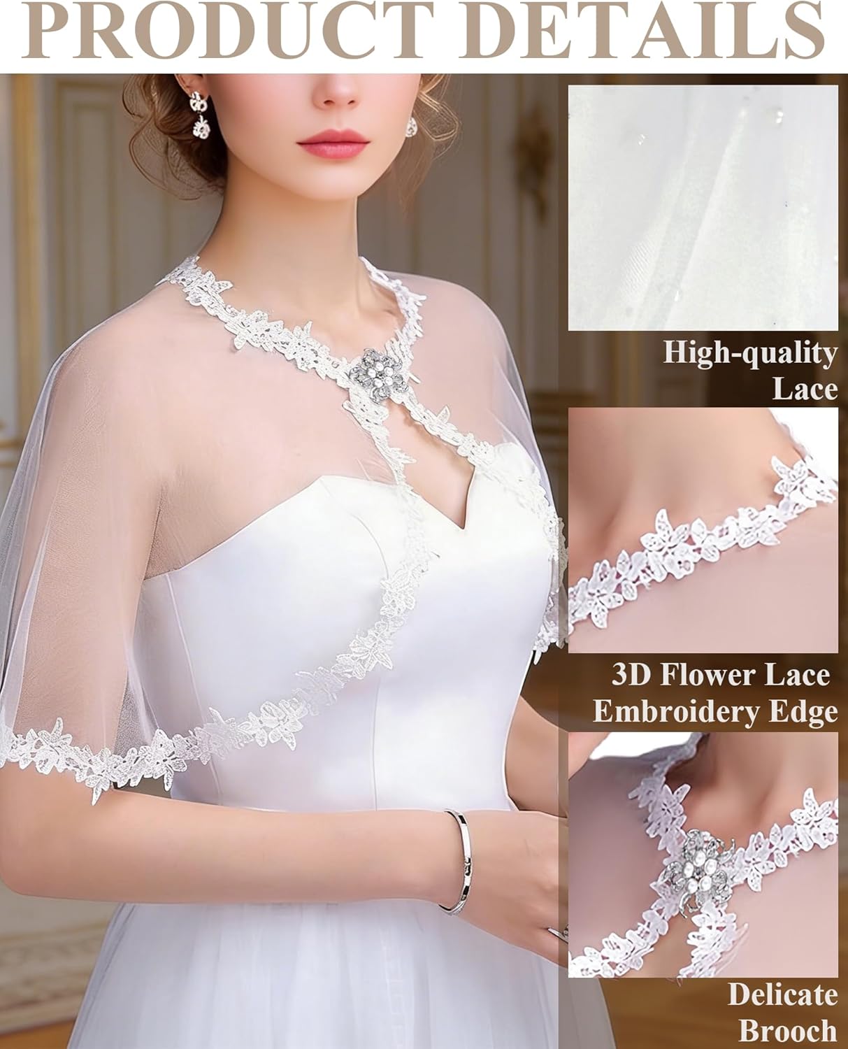 Lace Shawl Wraps For Women Formal, Bolero Shrugs Shoulder Cover For Evening Dresses Formal, Wedding Bridal Cape Chiffon Scarf - Image 3