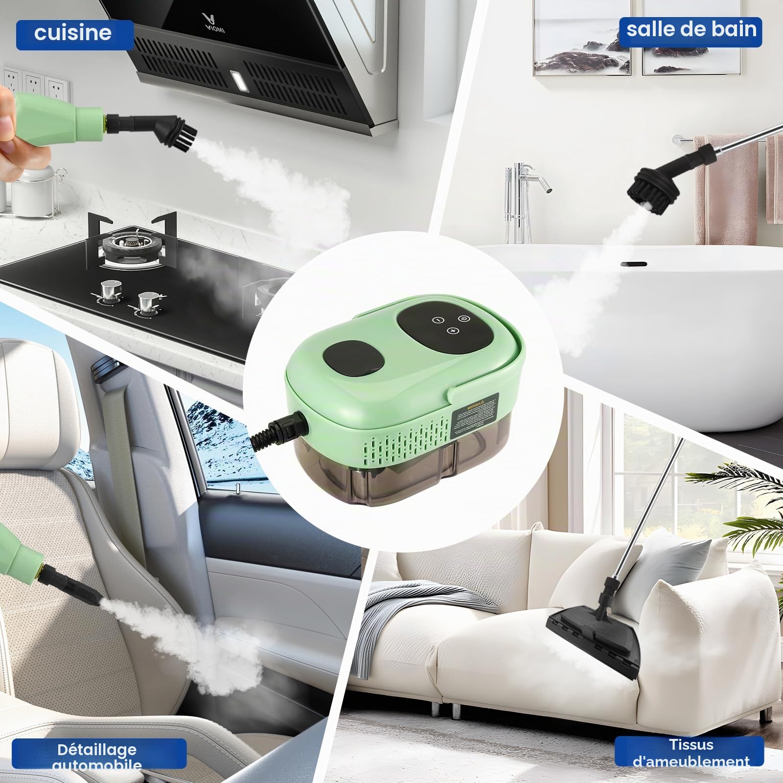 Nettoyeur vapeur portable 2500 W, 1100 ml, nettoyeur vapeur haute pression avec 3 têtes de brosse, nettoyeur vapeur manuel multifonction pour meubles de cuisine, salle de bain, voiture (nouveau vert)