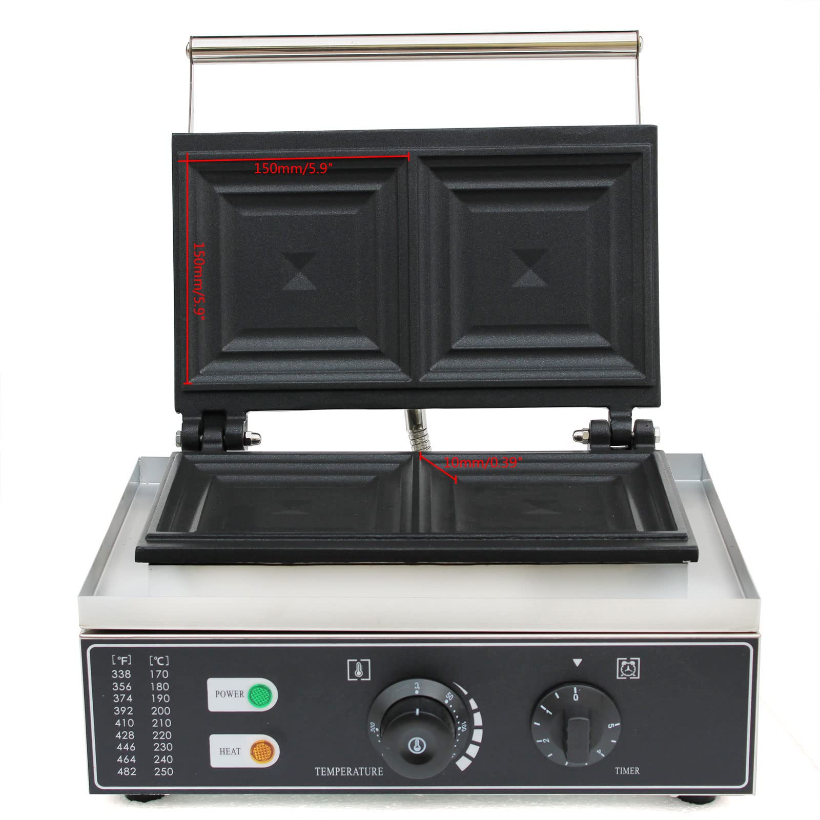 Elektryczny opiekacz do kanapek ze stali nierdzewnej z płytami grzewczymi z odlewu aluminiowego, regulowana temperatura, nieprzywierający toster z timerem, opiekacz do kanapek