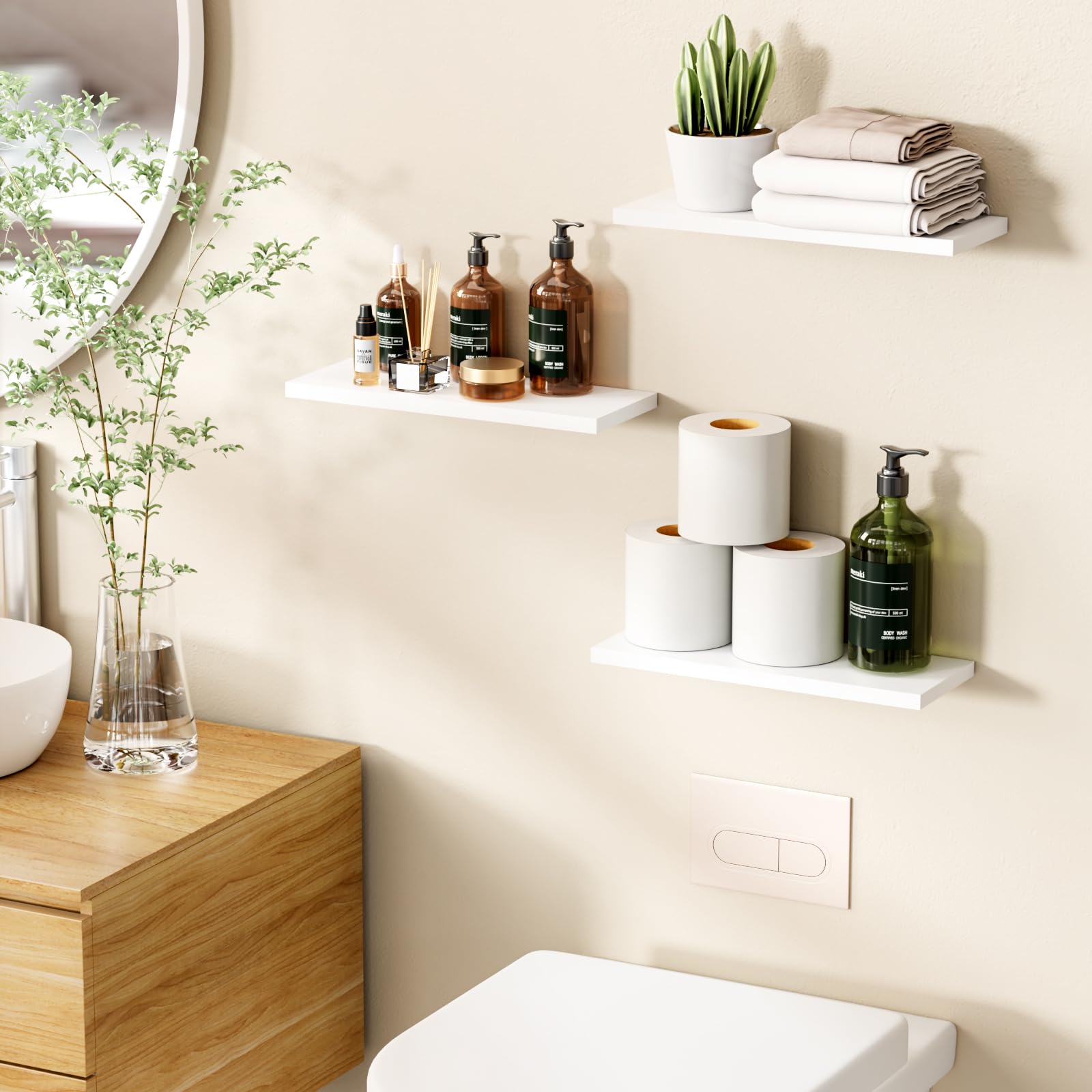 OUDIE Wandregal Weiß, 3er-Set Schweberegal, Moderne Weiss Wand Regal, Dekorative Wandregal, Verwendung für Wohnzimmer, Küche, Schlafzimmer, Büro, Flur und mehr