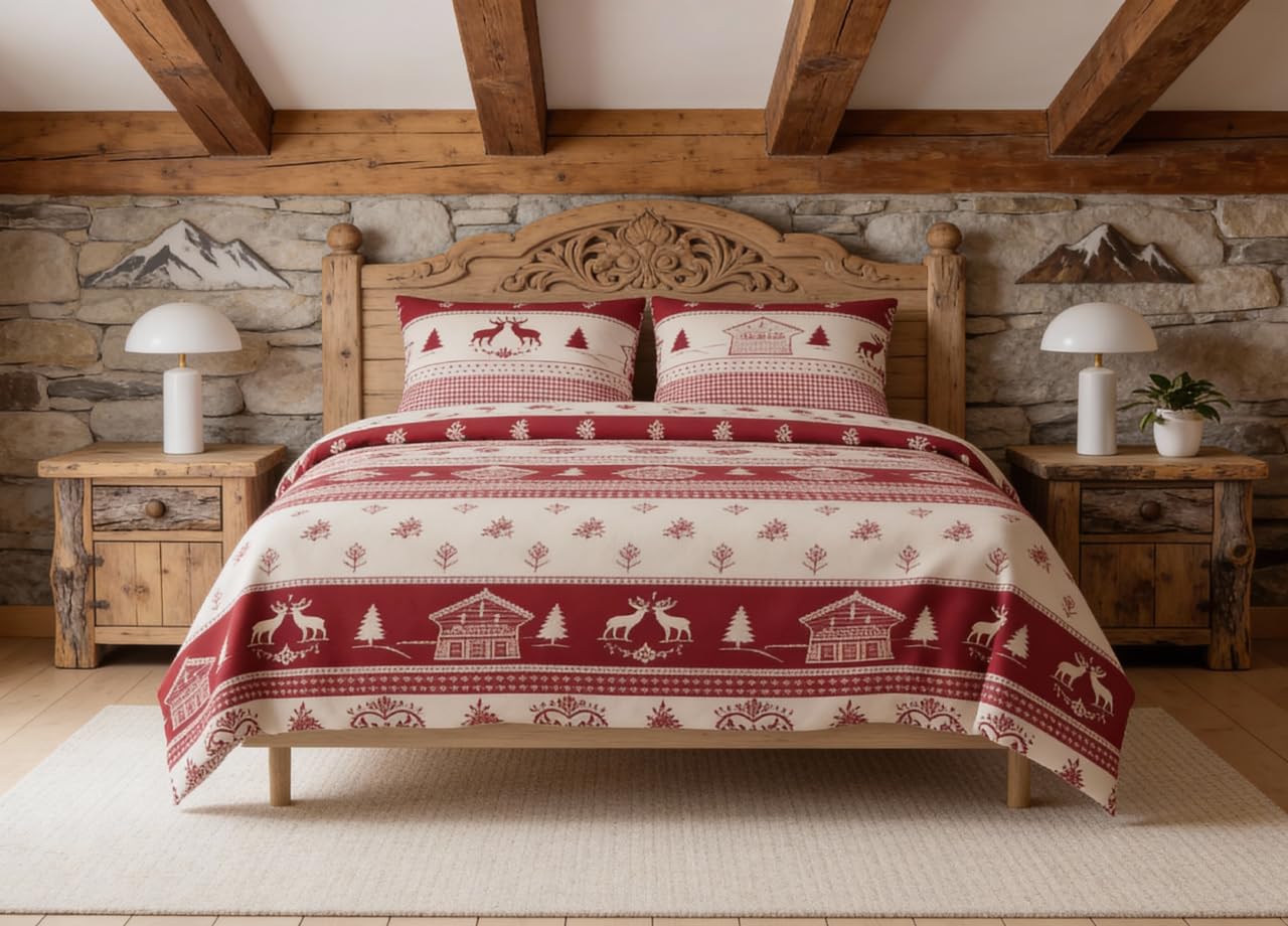 BIANCHERIAWEB Copripiumino Sacco Piumone 100% Cotone Made in Italy Disegno Tirolo Stile Tirolese Alpino Montagna