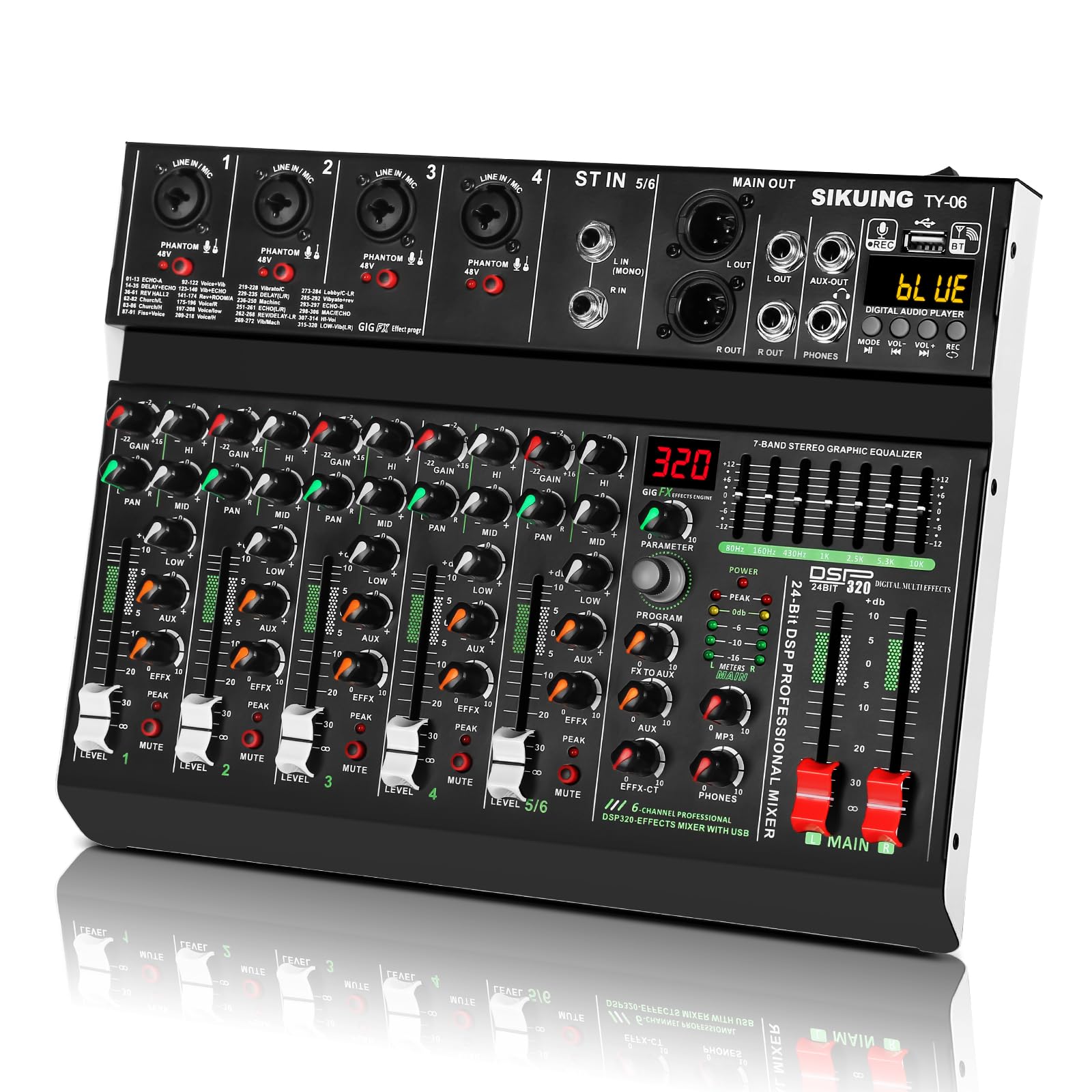 Table de mixage portable 6 canaux, mixeur audio professionnel, 320 effets DSP + égaliseur 7 bandes, carte son Bluetooth + interface USB, idéal pour l'enregistrement sur PC, les effets de studio