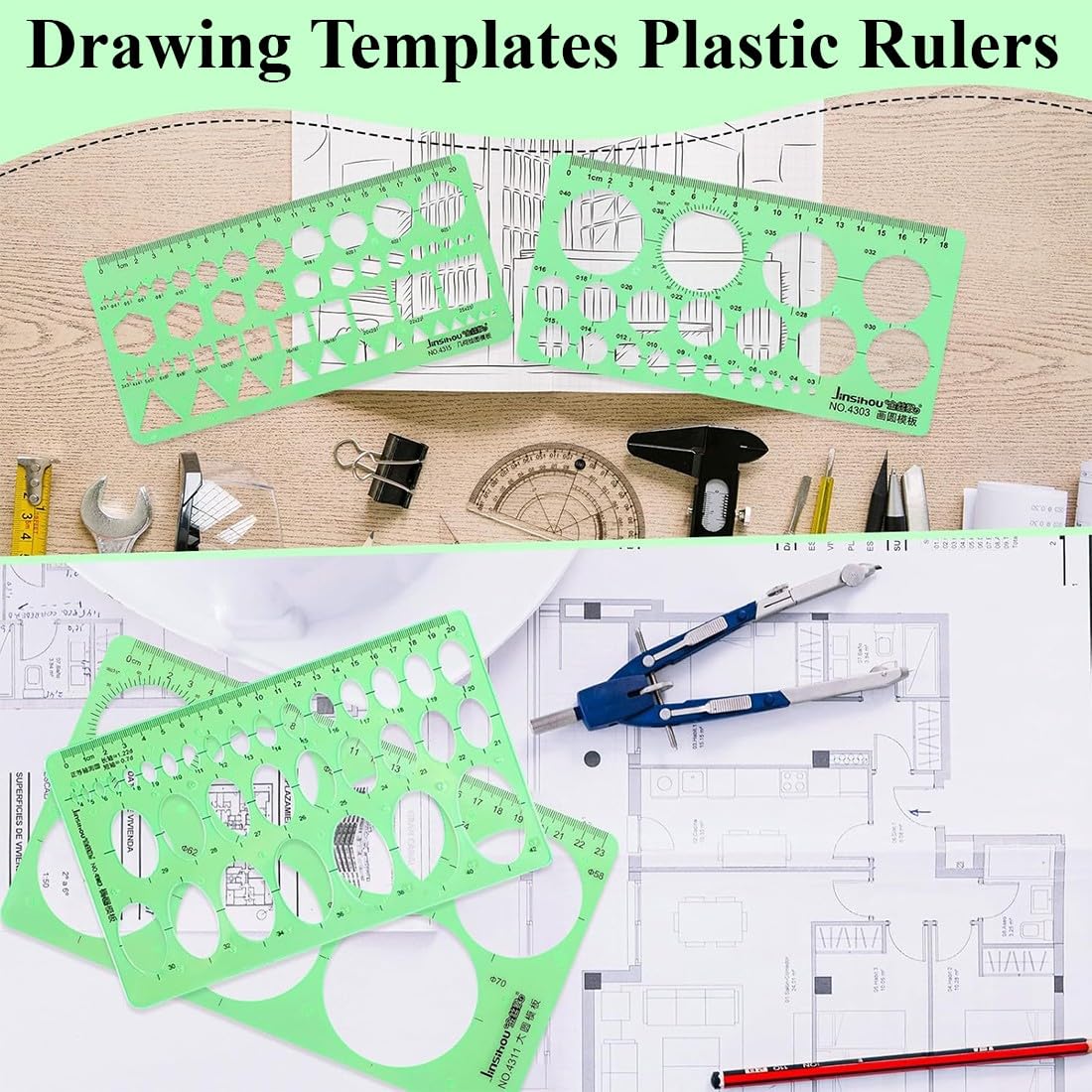 NJCXOLA Plantilla de círculo para dibujar, 3 plantillas de agujeros, regla de medición digital, dibujos geométricos, plantillas circulares para radio circular, oficina, escuela, construcción