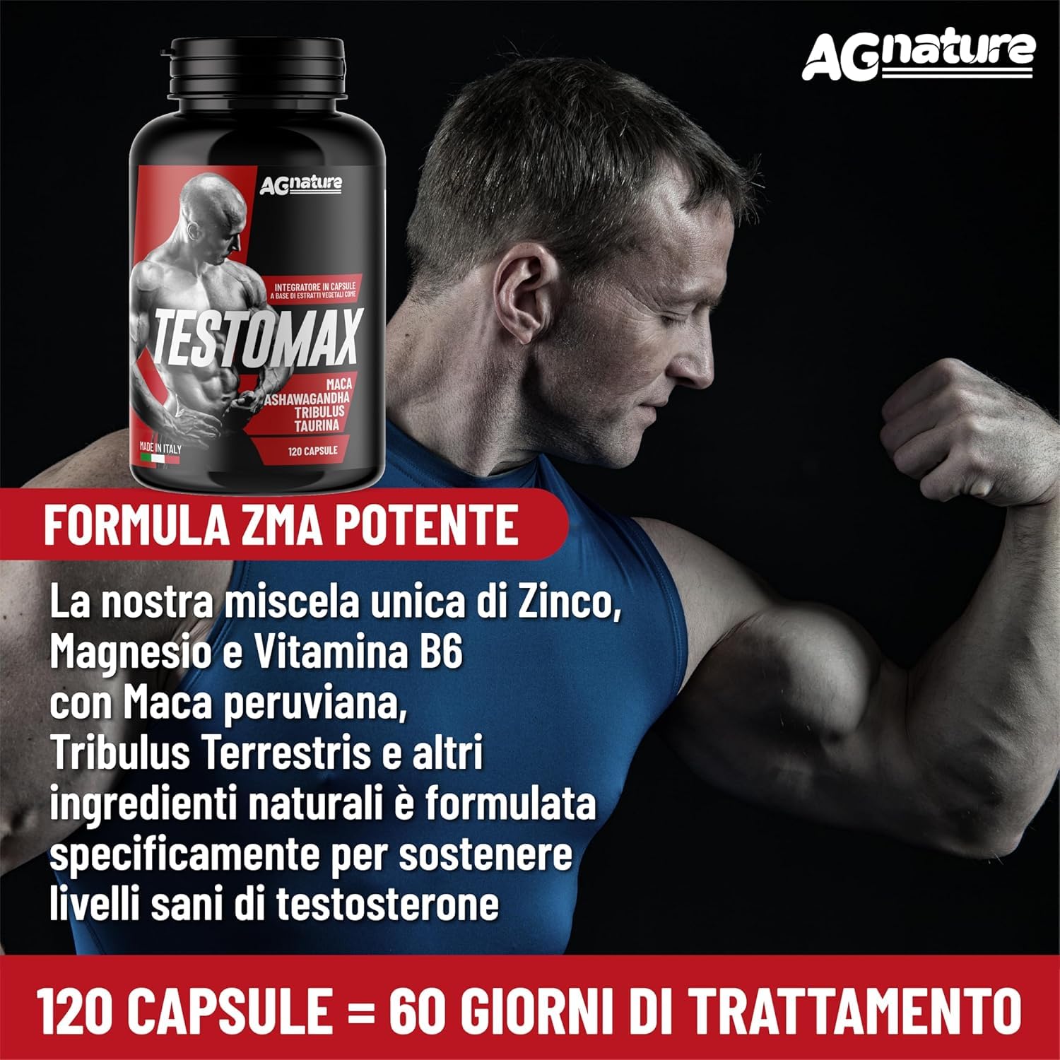 AG nature Testosterone Uomo Aumento Massa Muscolare x Palestra 120 Capsule | Integratore Forte Energizzante con Maca Peruviana, Magnesio, Zinco e Vitamina B6