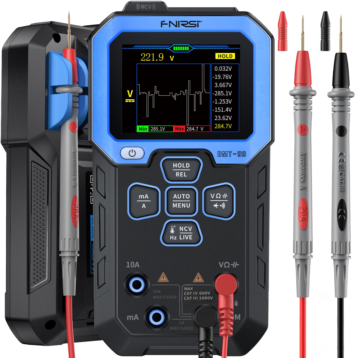 FNIRSIDMT-99 Digital Multimeter 9999 Counts TRMS, Rechargeable Auto-Ranging Volt Meter with Recording and Monitoring Data Mode, Resistance, Capacitance, Diode, Frequency, NCV, Current Voltage Tester
