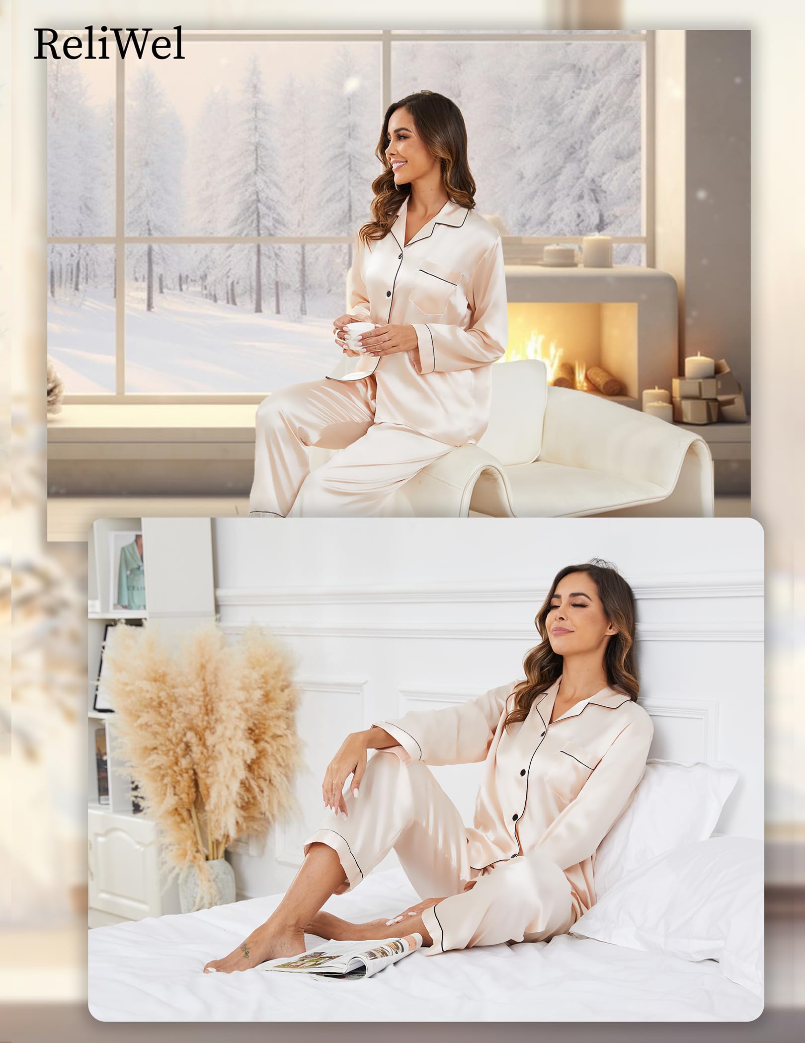 Pyjama Femme Satin à Manches Longues Ensemble de Pyjama Femme Boutonné en Satin Pyjama Soie pour Femme Vêtements de Nuit Toutes Les Saisons 2 Pièces