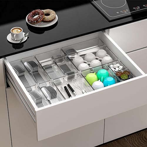 Miniatura 6 de Juego de 7 organizadores de cajones de plástico transparente, 4 tamaños, organizadores de cajones de baño y contenedores de almacenamiento,