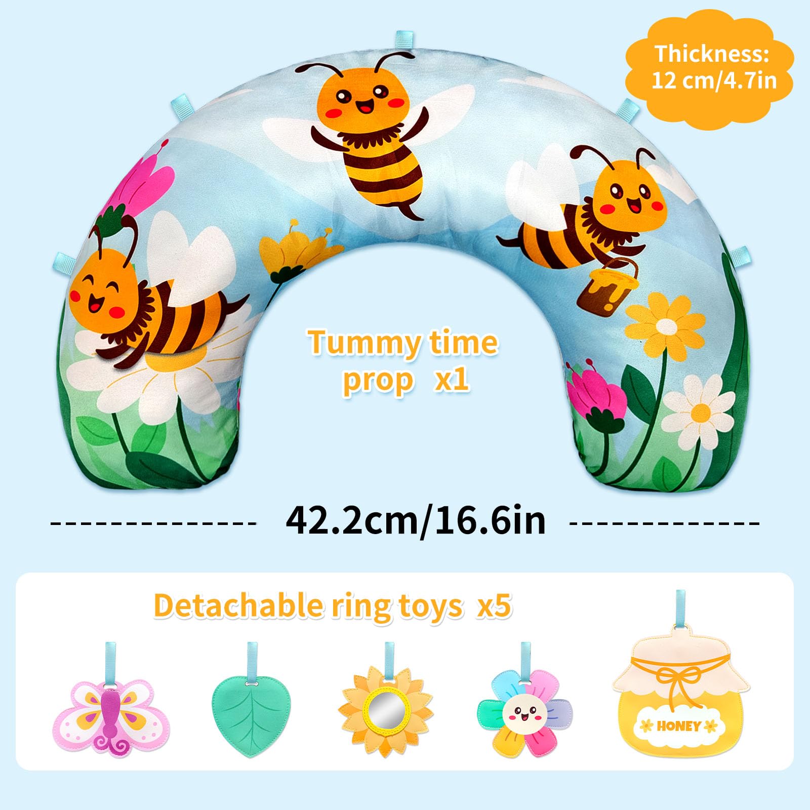 Ape Baby Tummy Time, cuscino per bambini, giocattolo sensoriale con specchio di girasole rimovibile, vaso di miele, tasca con cerniera per bambini da 0 a 24 mesi