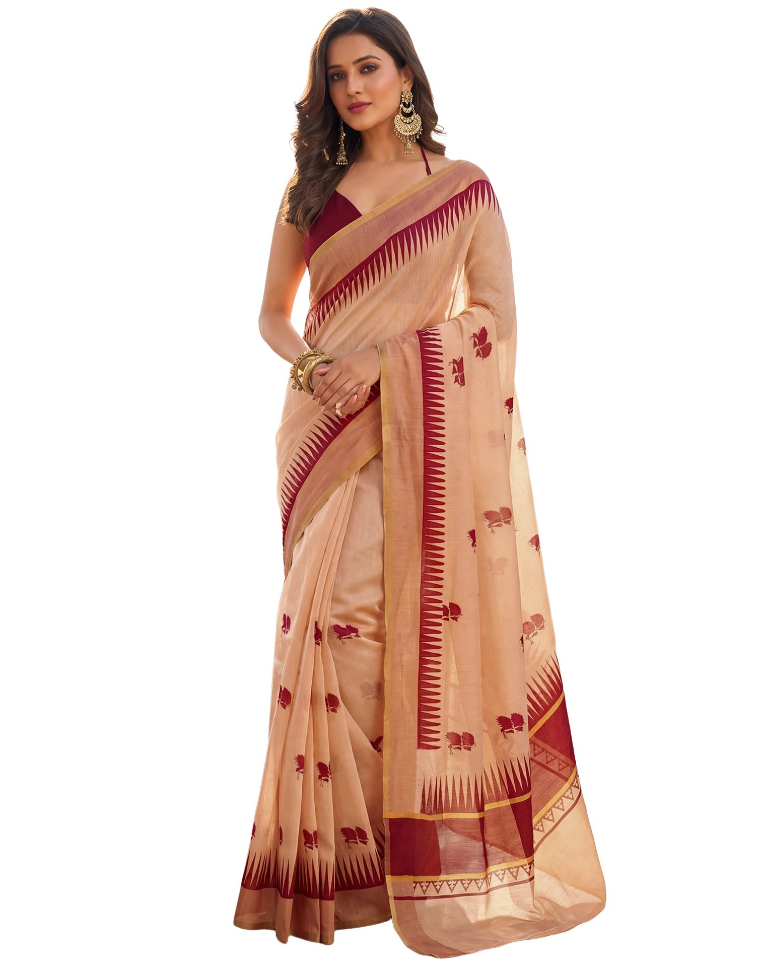 siril Women's Linen Printed, Zari Border One Minute Ready To Wear Saree With Unstitched Blouse Piece-picture-44