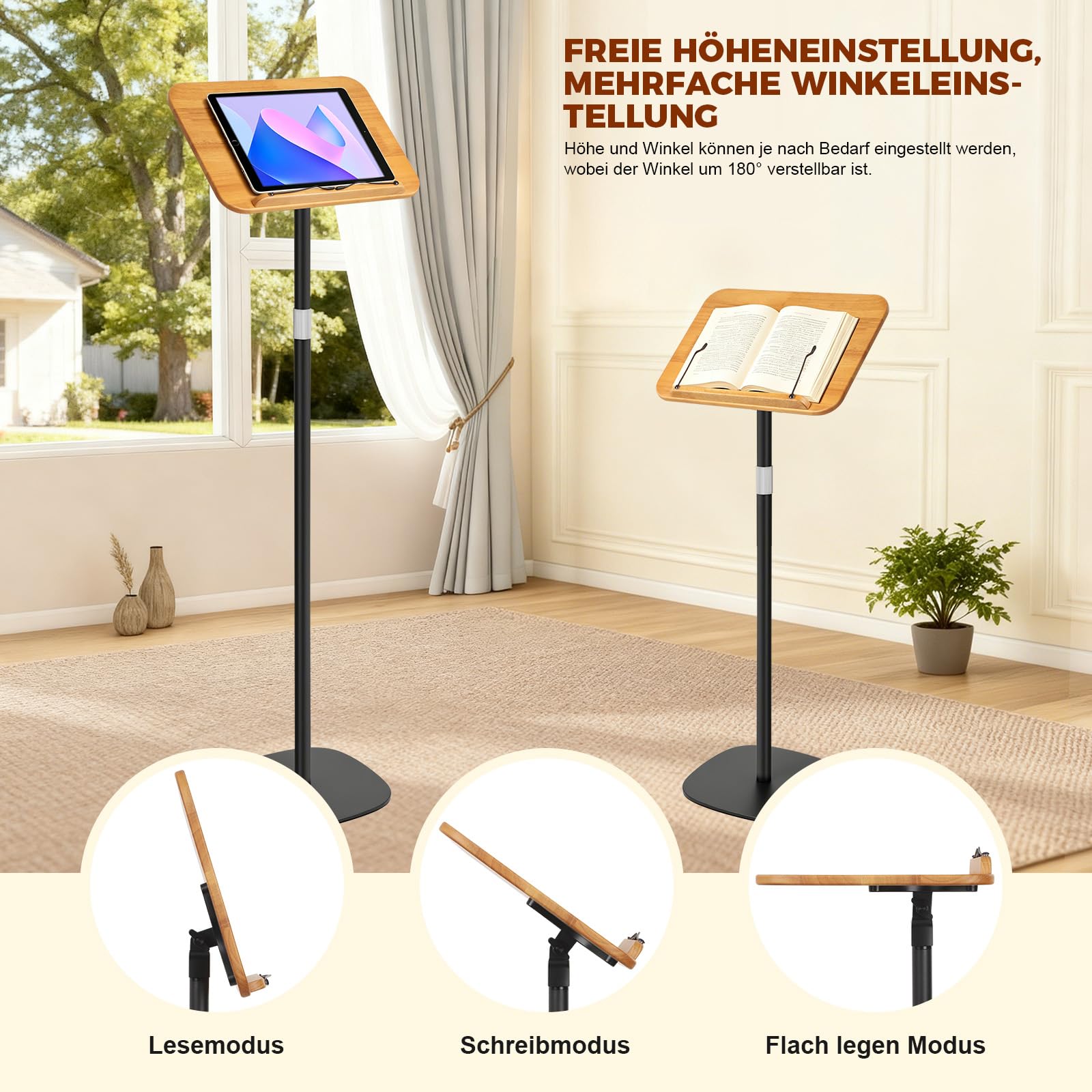 Buchständer Buchhalter Leseständer Notenständer Holz 180°-Neigung | 3 in 1 50-130 cm Höhenverstellbarer mit Elastische Seitenclips für Musiknoten Rezepte Tablet Laptop