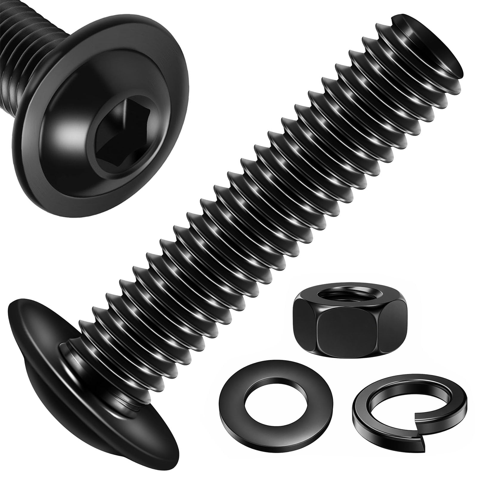 Zynthor 20Pcs M5 x 25mm Flanged Button Head Bolts with Nuts and Flat & Spring Washers, Black 10.9 Grade Alloy Steel Bolts and Nut Set for Machine Fastener