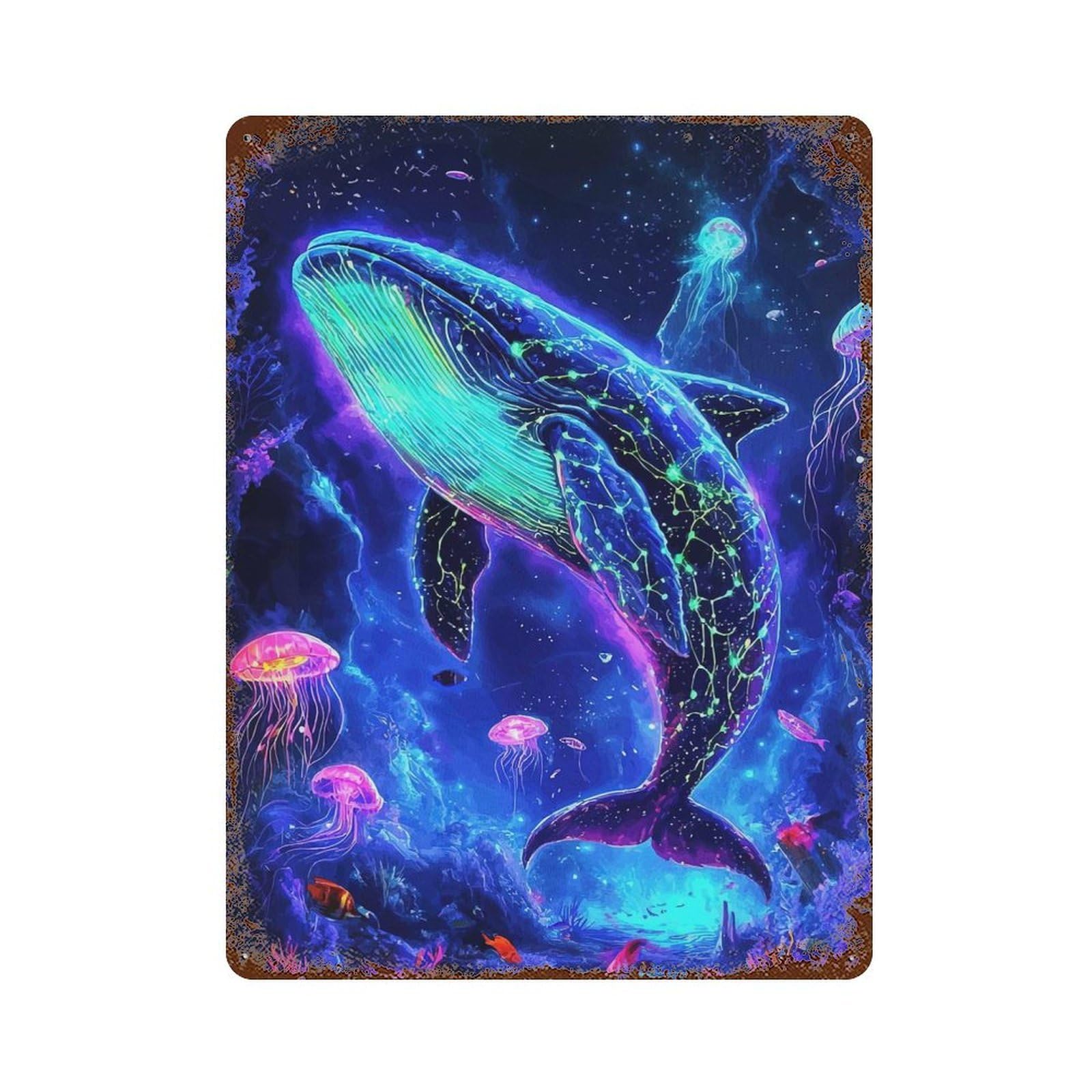 Neon Whale Deep Sea Decorative Tin Sign 15.7"x11.8", Ideal for Garage, Bar And Workshop Decor