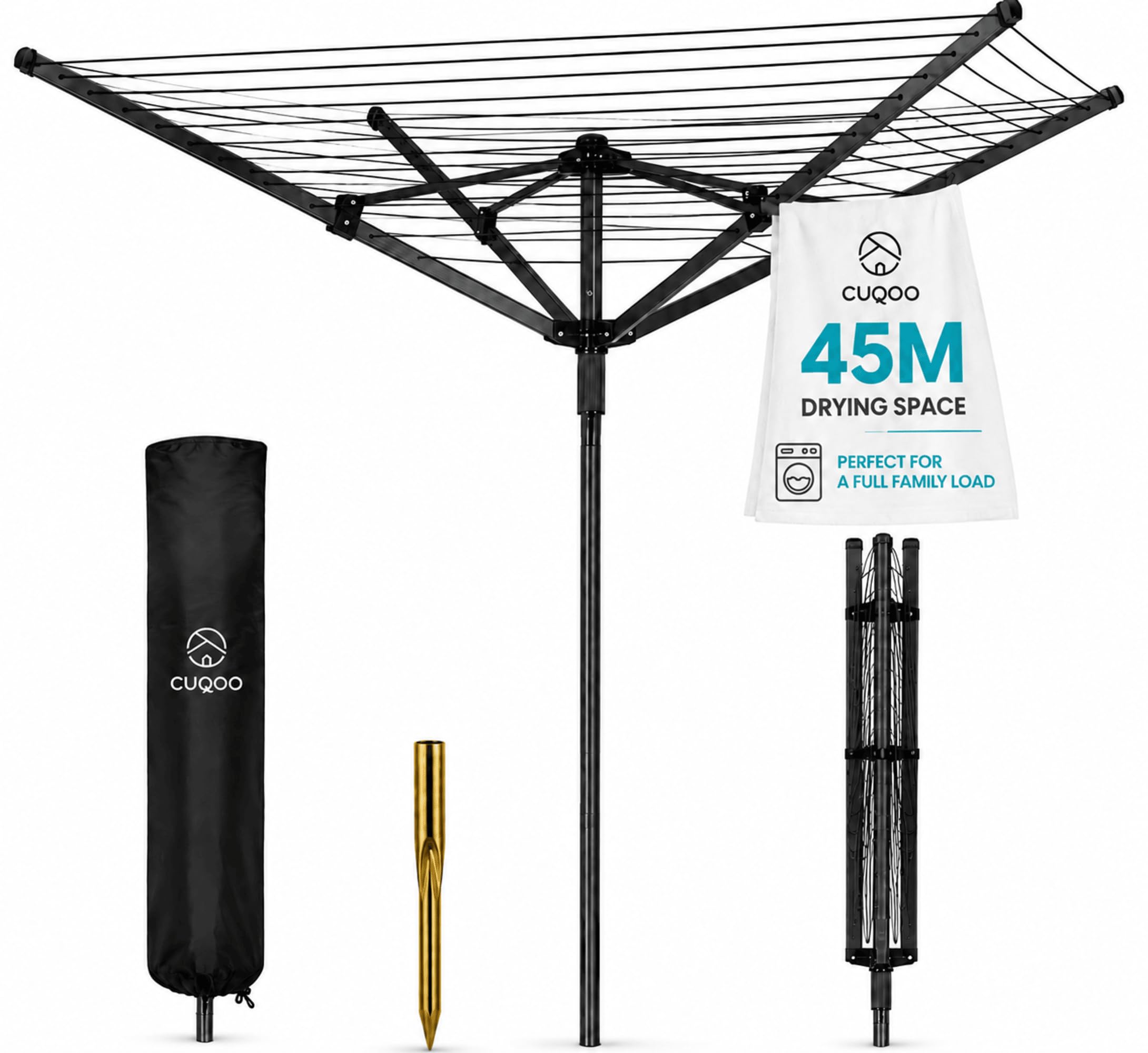 CUQOO 4 Arm Folding Clothes Line in Black – 45m Heavy Duty Rotary Washing Line | Outdoor Rotary Clothes Dryer with Non-Slip Lining, Ground Spike, and Cover - Black