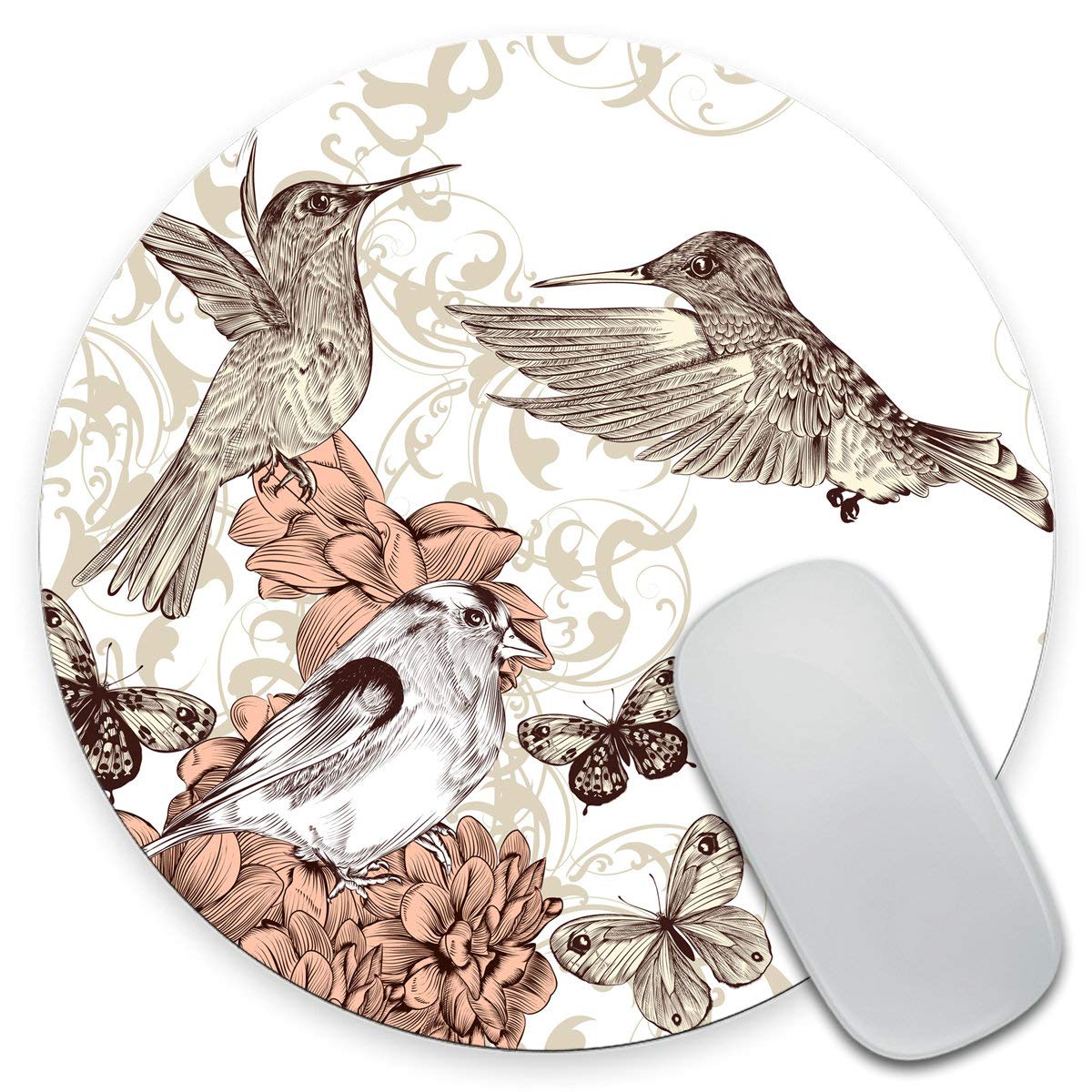 Hummingbird Round Mouse Pad, Vintage Style Artwork with Birds Butterflies Round Non-Slip Rubber Mousepad 7.9 x 7.9 x 0.12 Inch