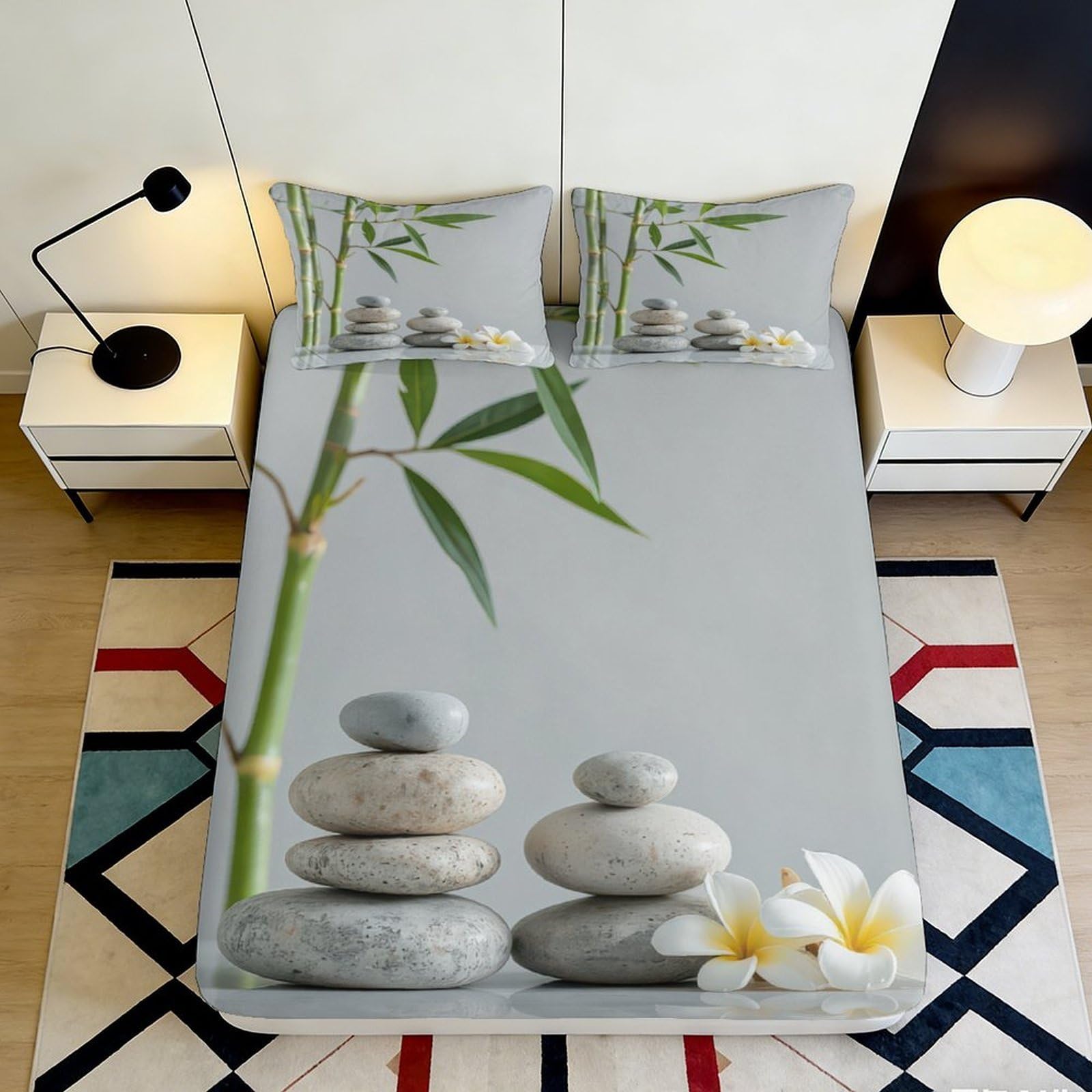 Jqzkxnhpbr Style-7 3D Printed Bamboo Stone Fitted Sheet Microfiber Soft Grey Zen Flower Mattress Cover For Bedroom Decor Dorm Use 90X200x25cm