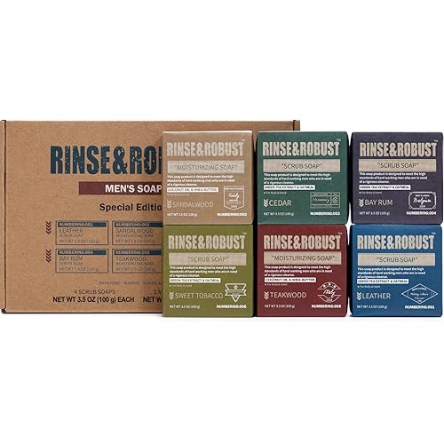 Rinse & Robust Mens Soap Bar Set 6Pcs Natural Handmade Cleansing Bar Soap Set Moisturizing&Exfoliating Scrub Soap Gift for Men All Skin Type| 6 Different Scents |3.5 oz of 6 Bars
