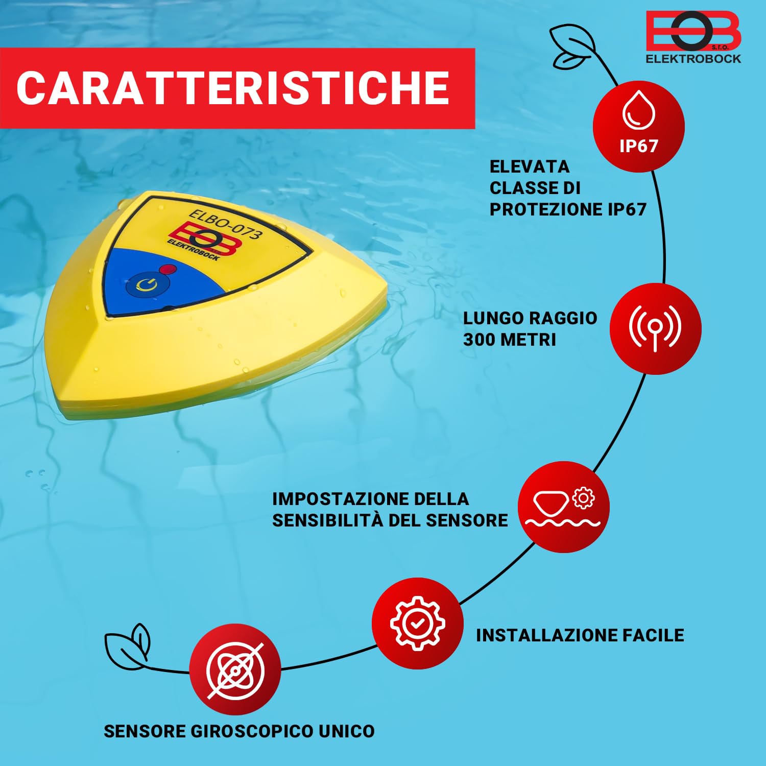 ELEKTROBOCK ELBO-073 Allarme piscina - Sensore di movimento galleggiante con sirena da 95 dB, movimenti dell'acqua - il ricevitore radio attiva un allarme forte, installazione semplice, IP67
