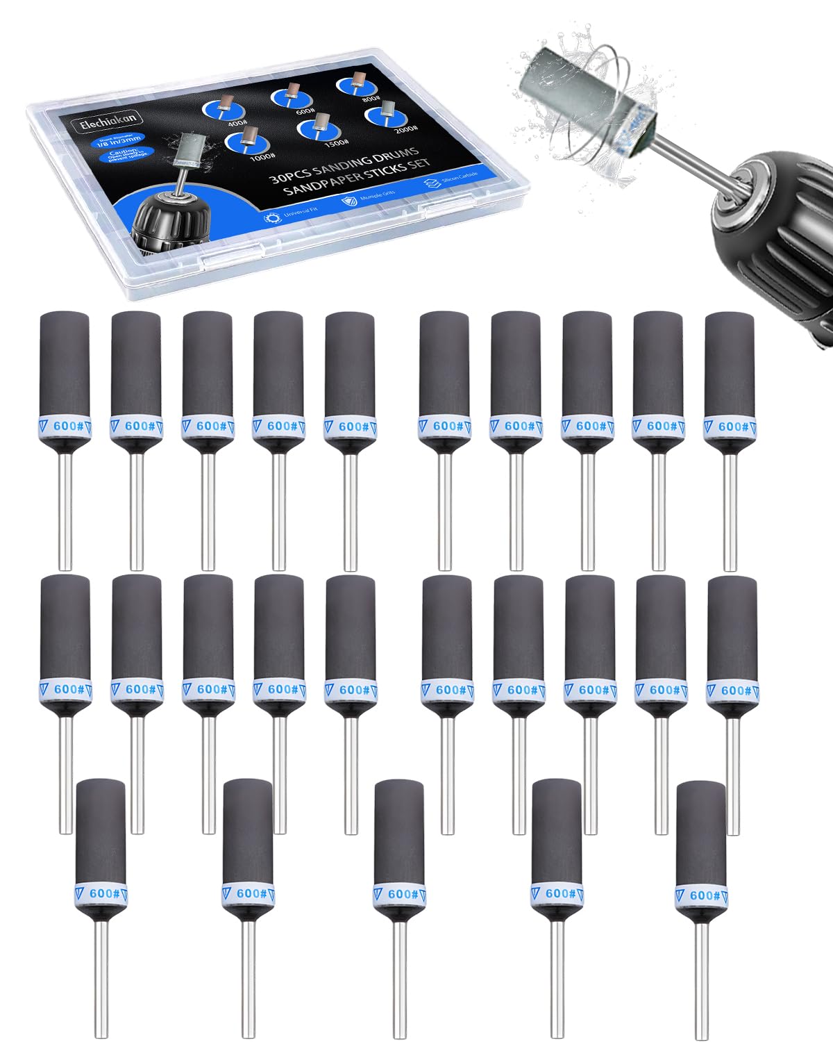 600 Grit Sanding Drums for Dremel Rotary Tools Accessories, 25PCS Sanding Bits Kit for Dremel Sanding Bands with 1/8 inch Shank, Sandpaper Sticks Set for Plastic Wood Metal Grinding Polishing