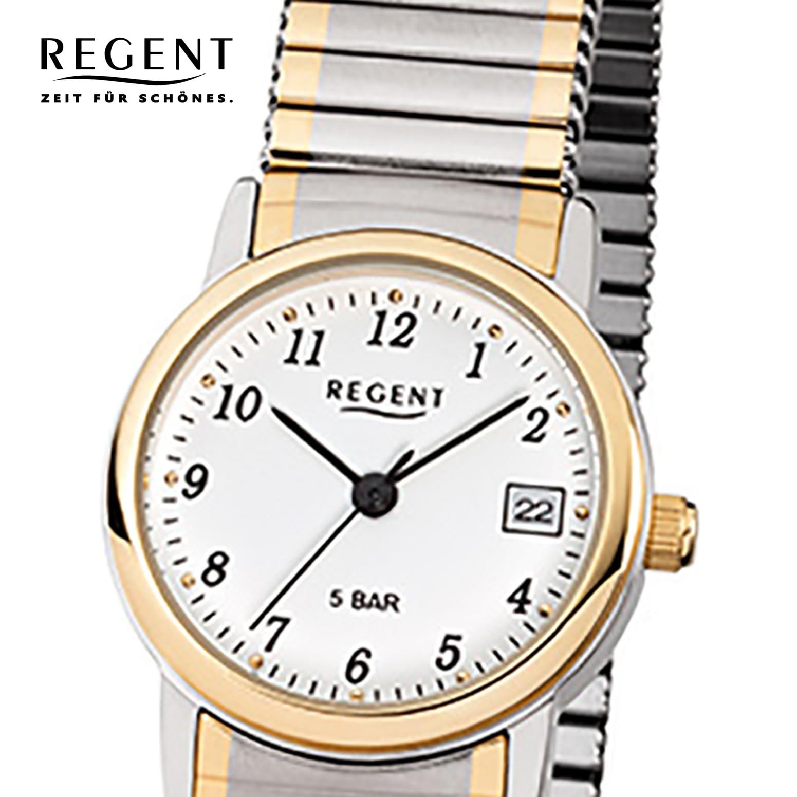 Regent Damenarmbanduhr F889 Edelstahl Zugband goldplattiert bicolor