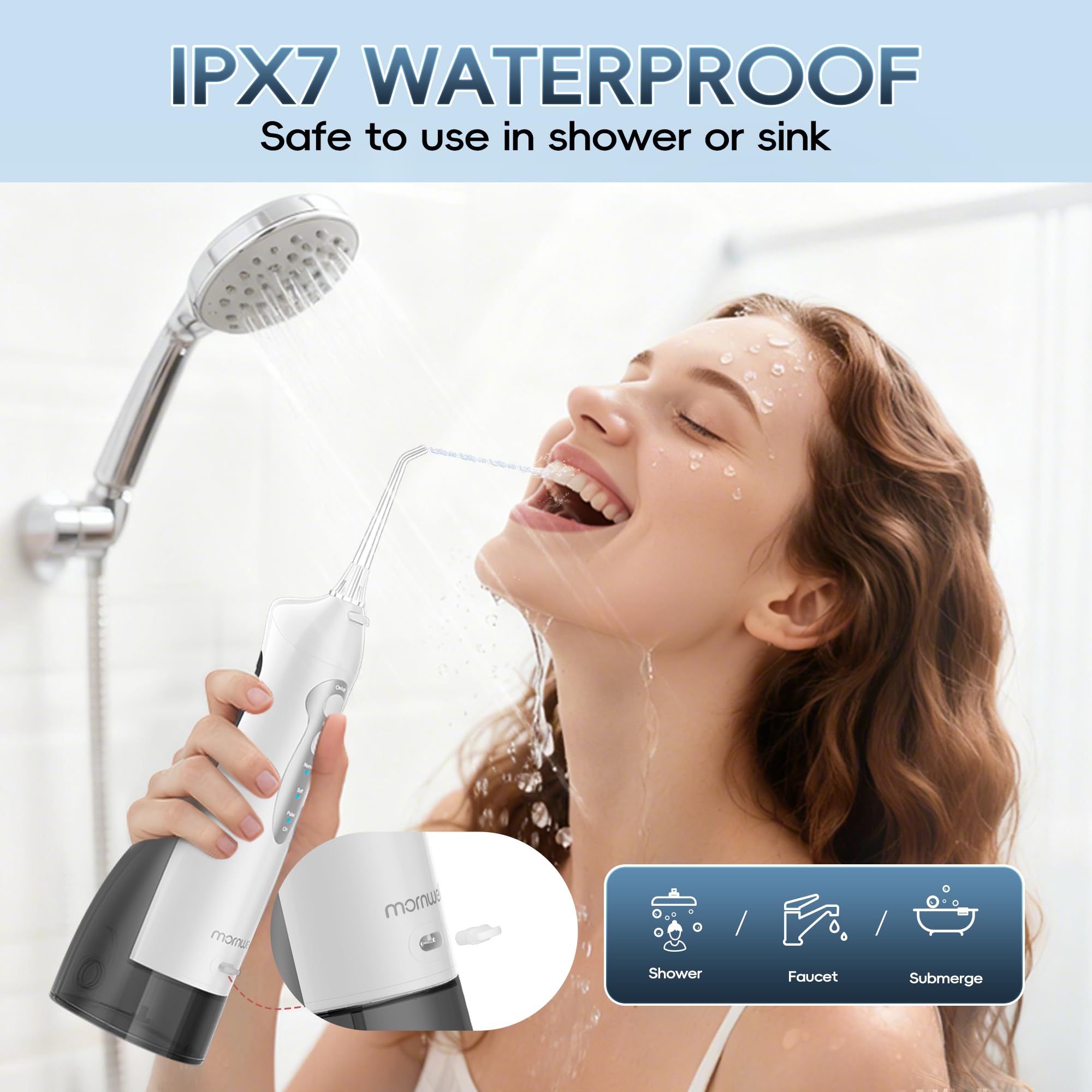 Mornwell Idropulsore wireless per la pulizia dei denti, filo interdentale, irrigatore orale, 3 modalità, 4 ugelli spray, IPX7, pulizia 300 ml, ricaricabile tramite USB (bianco B)