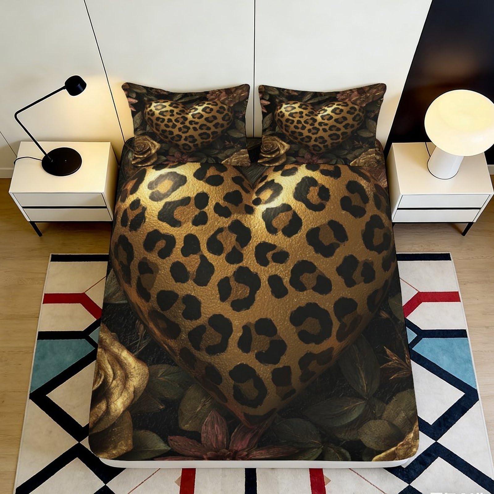 3D Printed Leopard Pattern Fitted Sheet Microfiber Deep Pocket Bedroom Bedding Leopard Mattress Fitted Cover Washable for Adults 200x200x25cm