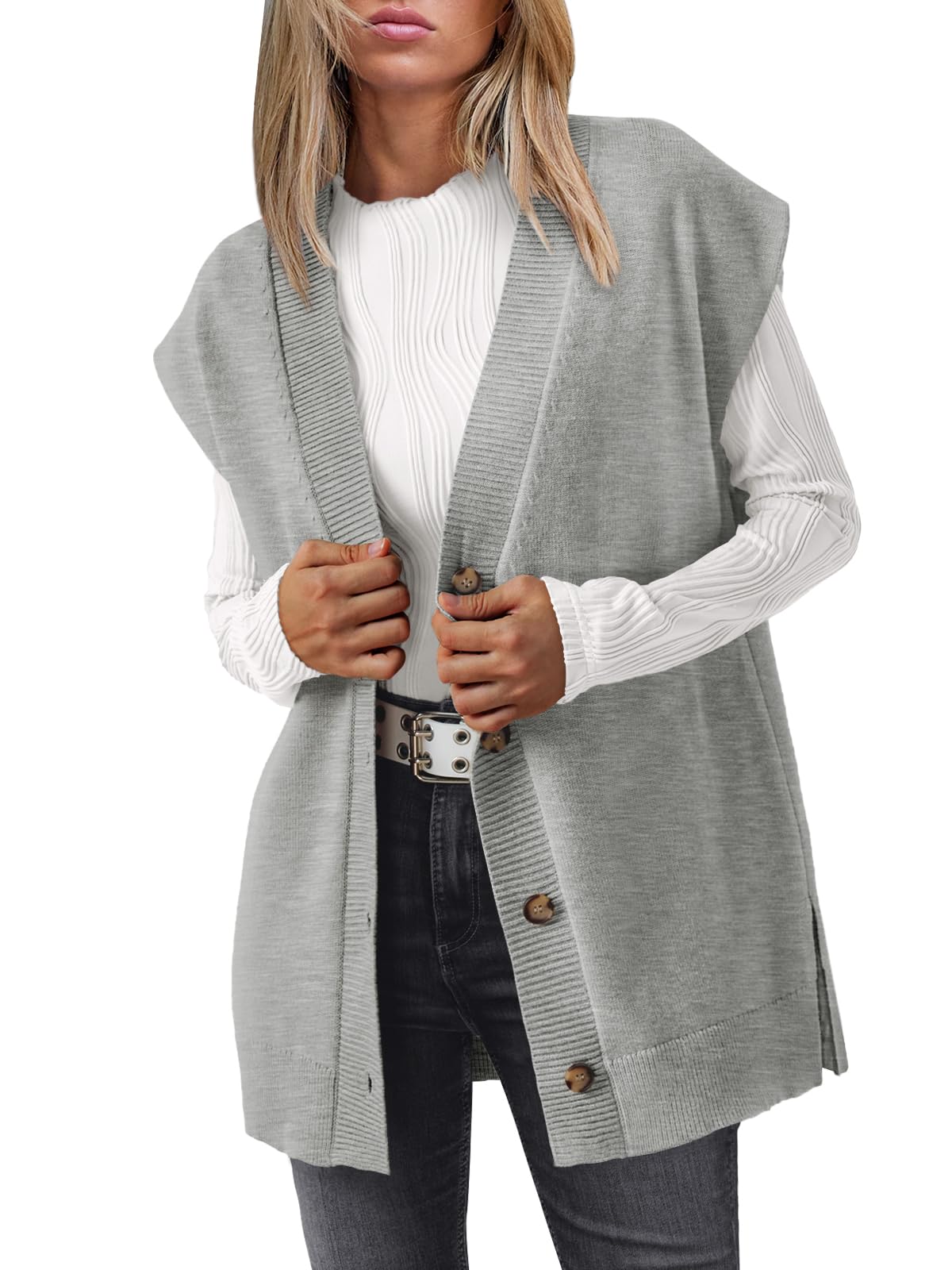 LILLUSORY Women V Neck Sweater Vest Oversized Long Cardigan Casual Vest Tops 2024 Trendy