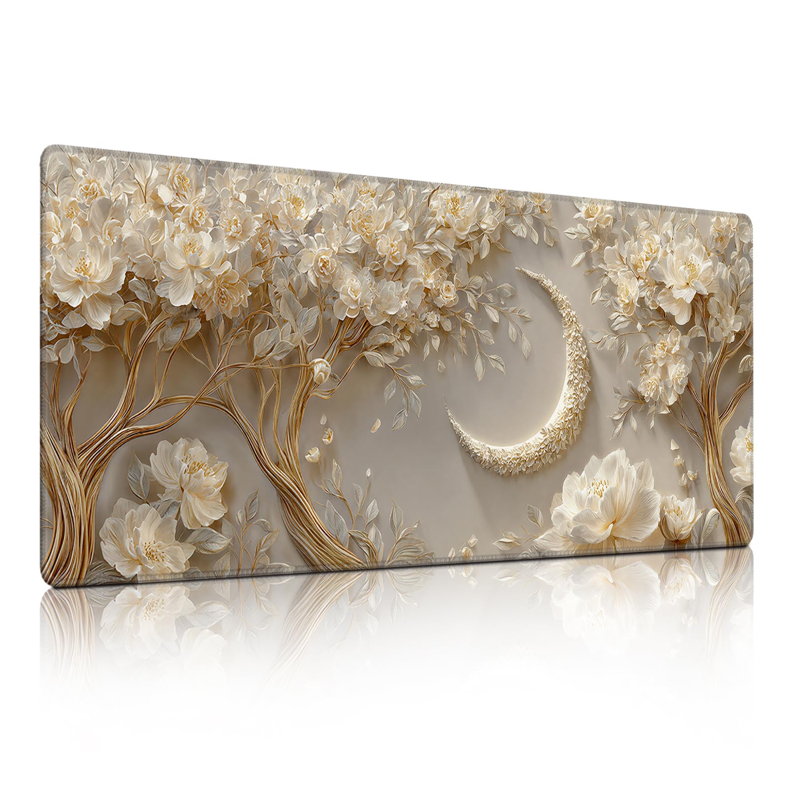 Floral Moon Tree Wall Art Mouse Pad, Elegant Cream &amp; Gold Flower Desk Mat - Large Non-Slip Office Laptop PC Desk Pad - 35.5"x15.7" x 3mm
